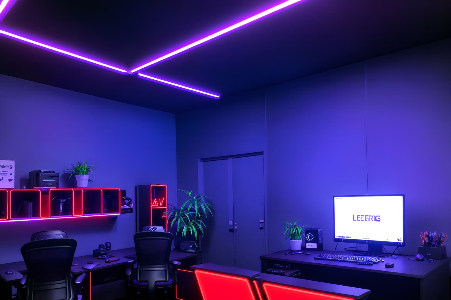 gaming room-style (office interior) with lounge chairs and plants and office chairs and windows and desk lamps and cabinets and computer desks and office desks. . with dark walls and neon lights and at night and computer desk with computer displays and keyboard and gaming chair and neon letters on wall and purple, red and blue fade light and purple and red lights. . cinematic photo, highly detailed, cinematic lighting, ultra-detailed, ultrarealistic, photorealism, 8k. gaming room interior design style. masterpiece, cinematic light, ultrarealistic+, photorealistic+, 8k, raw photo, realistic, sharp focus on eyes, (symmetrical eyes), (intact eyes), hyperrealistic, highest quality, best quality, , highly detailed, masterpiece, best quality, extremely detailed 8k wallpaper, masterpiece, best quality, ultra-detailed, best shadow, detailed background, detailed face, detailed eyes, high contrast, best illumination, detailed face, dulux, caustic, dynamic angle, detailed glow. dramatic lighting. highly detailed, insanely detailed hair, symmetrical, intricate details, professionally retouched, 8k high definition. strong bokeh. award winning photo.