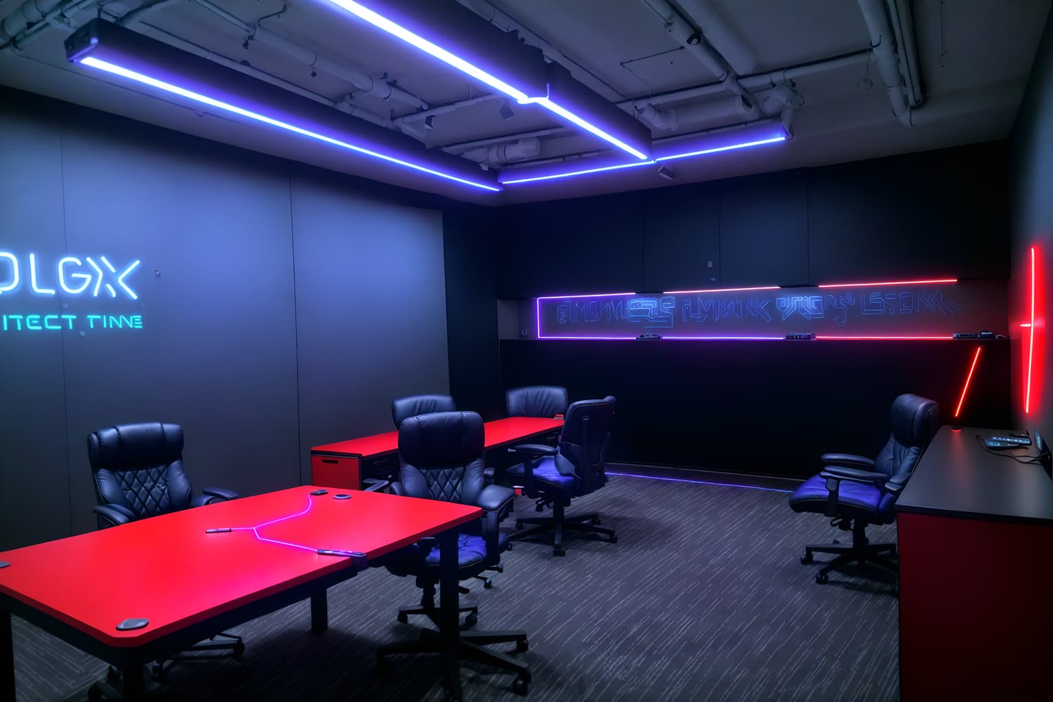 gaming room-style (office interior) with lounge chairs and plants and office chairs and windows and desk lamps and cabinets and computer desks and office desks. . with dark walls and neon lights and at night and computer desk with computer displays and keyboard and gaming chair and neon letters on wall and purple, red and blue fade light and purple and red lights. . cinematic photo, highly detailed, cinematic lighting, ultra-detailed, ultrarealistic, photorealism, 8k. gaming room interior design style. masterpiece, cinematic light, ultrarealistic+, photorealistic+, 8k, raw photo, realistic, sharp focus on eyes, (symmetrical eyes), (intact eyes), hyperrealistic, highest quality, best quality, , highly detailed, masterpiece, best quality, extremely detailed 8k wallpaper, masterpiece, best quality, ultra-detailed, best shadow, detailed background, detailed face, detailed eyes, high contrast, best illumination, detailed face, dulux, caustic, dynamic angle, detailed glow. dramatic lighting. highly detailed, insanely detailed hair, symmetrical, intricate details, professionally retouched, 8k high definition. strong bokeh. award winning photo.