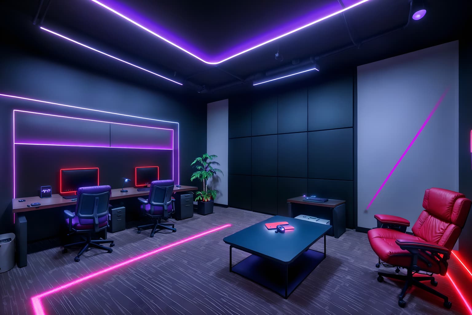 gaming room-style (office interior) with lounge chairs and plants and office chairs and windows and desk lamps and cabinets and computer desks and office desks. . with dark walls and neon lights and at night and computer desk with computer displays and keyboard and gaming chair and neon letters on wall and purple, red and blue fade light and purple and red lights. . cinematic photo, highly detailed, cinematic lighting, ultra-detailed, ultrarealistic, photorealism, 8k. gaming room interior design style. masterpiece, cinematic light, ultrarealistic+, photorealistic+, 8k, raw photo, realistic, sharp focus on eyes, (symmetrical eyes), (intact eyes), hyperrealistic, highest quality, best quality, , highly detailed, masterpiece, best quality, extremely detailed 8k wallpaper, masterpiece, best quality, ultra-detailed, best shadow, detailed background, detailed face, detailed eyes, high contrast, best illumination, detailed face, dulux, caustic, dynamic angle, detailed glow. dramatic lighting. highly detailed, insanely detailed hair, symmetrical, intricate details, professionally retouched, 8k high definition. strong bokeh. award winning photo.