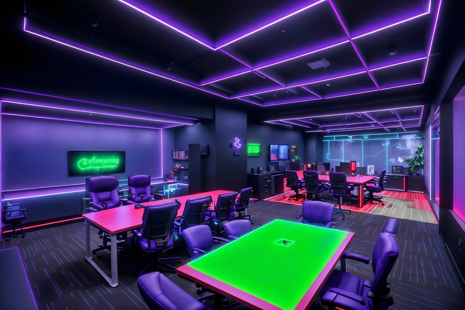 gaming room-style (office interior) with lounge chairs and plants and office chairs and windows and desk lamps and cabinets and computer desks and office desks. . with dark walls and neon lights and at night and computer desk with computer displays and keyboard and gaming chair and neon letters on wall and purple, red and blue fade light and purple and red lights. . cinematic photo, highly detailed, cinematic lighting, ultra-detailed, ultrarealistic, photorealism, 8k. gaming room interior design style. masterpiece, cinematic light, ultrarealistic+, photorealistic+, 8k, raw photo, realistic, sharp focus on eyes, (symmetrical eyes), (intact eyes), hyperrealistic, highest quality, best quality, , highly detailed, masterpiece, best quality, extremely detailed 8k wallpaper, masterpiece, best quality, ultra-detailed, best shadow, detailed background, detailed face, detailed eyes, high contrast, best illumination, detailed face, dulux, caustic, dynamic angle, detailed glow. dramatic lighting. highly detailed, insanely detailed hair, symmetrical, intricate details, professionally retouched, 8k high definition. strong bokeh. award winning photo.