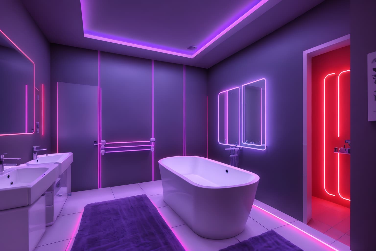 gaming room-style (bathroom interior) with bathtub and bath towel and bathroom cabinet and bathroom sink with faucet and mirror and bath rail and toilet seat and plant. . with purple, red and blue fade light and speakers and gaming chair and neon letters on wall and at night and multiple displays and neon lights and purple and red lights. . cinematic photo, highly detailed, cinematic lighting, ultra-detailed, ultrarealistic, photorealism, 8k. gaming room interior design style. masterpiece, cinematic light, ultrarealistic+, photorealistic+, 8k, raw photo, realistic, sharp focus on eyes, (symmetrical eyes), (intact eyes), hyperrealistic, highest quality, best quality, , highly detailed, masterpiece, best quality, extremely detailed 8k wallpaper, masterpiece, best quality, ultra-detailed, best shadow, detailed background, detailed face, detailed eyes, high contrast, best illumination, detailed face, dulux, caustic, dynamic angle, detailed glow. dramatic lighting. highly detailed, insanely detailed hair, symmetrical, intricate details, professionally retouched, 8k high definition. strong bokeh. award winning photo.
