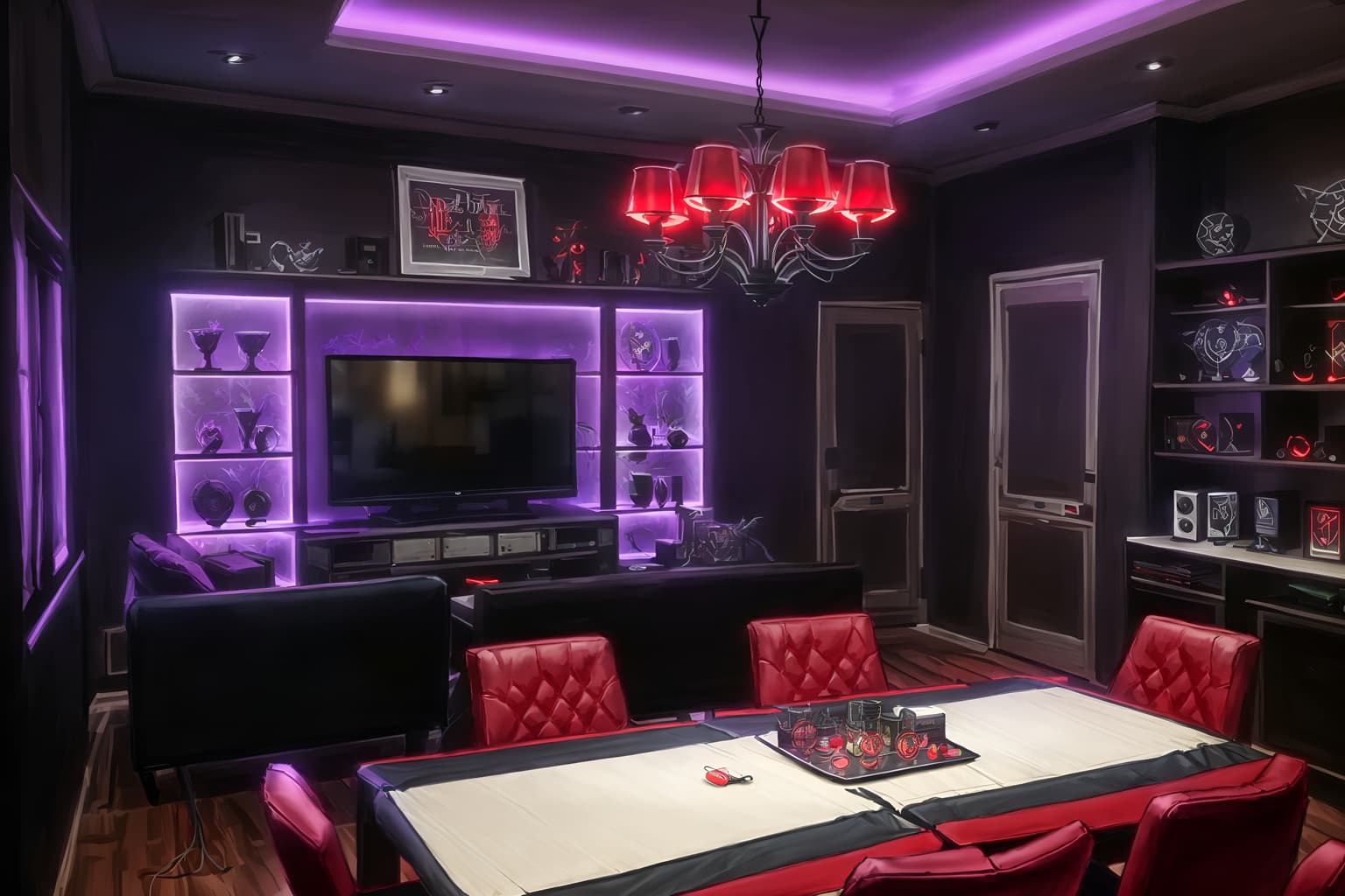 gaming room-style (dining room interior) with table cloth and vase and plates, cutlery and glasses on dining table and bookshelves and light or chandelier and dining table and plant and dining table chairs. . with purple and red lights and speakers and gaming chair and multiple displays and dark walls and at night and computer desk with computer displays and keyboard and purple, red and blue fade light. . cinematic photo, highly detailed, cinematic lighting, ultra-detailed, ultrarealistic, photorealism, 8k. gaming room interior design style. masterpiece, cinematic light, ultrarealistic+, photorealistic+, 8k, raw photo, realistic, sharp focus on eyes, (symmetrical eyes), (intact eyes), hyperrealistic, highest quality, best quality, , highly detailed, masterpiece, best quality, extremely detailed 8k wallpaper, masterpiece, best quality, ultra-detailed, best shadow, detailed background, detailed face, detailed eyes, high contrast, best illumination, detailed face, dulux, caustic, dynamic angle, detailed glow. dramatic lighting. highly detailed, insanely detailed hair, symmetrical, intricate details, professionally retouched, 8k high definition. strong bokeh. award winning photo.