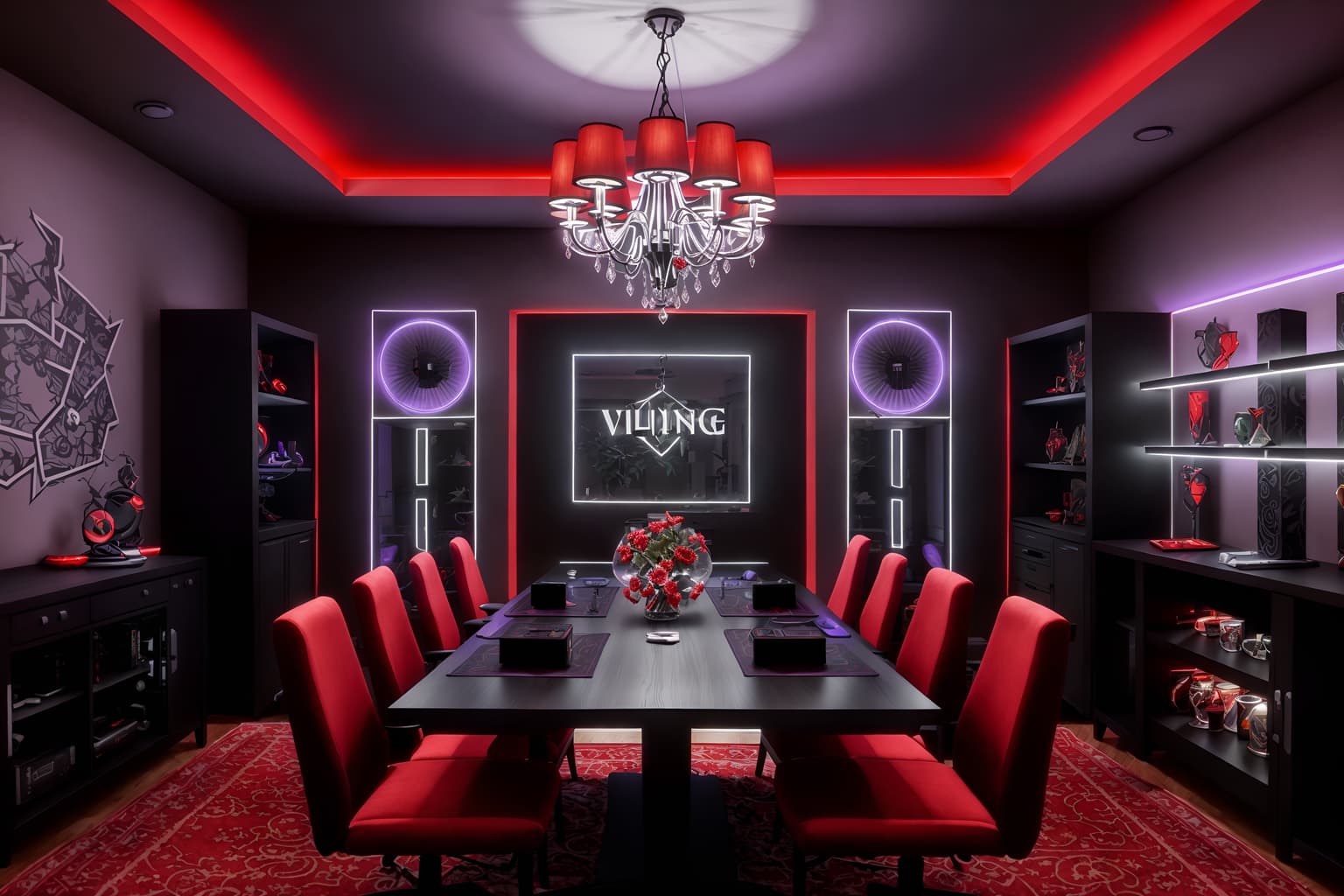 gaming room-style (dining room interior) with table cloth and vase and plates, cutlery and glasses on dining table and bookshelves and light or chandelier and dining table and plant and dining table chairs. . with purple and red lights and speakers and gaming chair and multiple displays and dark walls and at night and computer desk with computer displays and keyboard and purple, red and blue fade light. . cinematic photo, highly detailed, cinematic lighting, ultra-detailed, ultrarealistic, photorealism, 8k. gaming room interior design style. masterpiece, cinematic light, ultrarealistic+, photorealistic+, 8k, raw photo, realistic, sharp focus on eyes, (symmetrical eyes), (intact eyes), hyperrealistic, highest quality, best quality, , highly detailed, masterpiece, best quality, extremely detailed 8k wallpaper, masterpiece, best quality, ultra-detailed, best shadow, detailed background, detailed face, detailed eyes, high contrast, best illumination, detailed face, dulux, caustic, dynamic angle, detailed glow. dramatic lighting. highly detailed, insanely detailed hair, symmetrical, intricate details, professionally retouched, 8k high definition. strong bokeh. award winning photo.