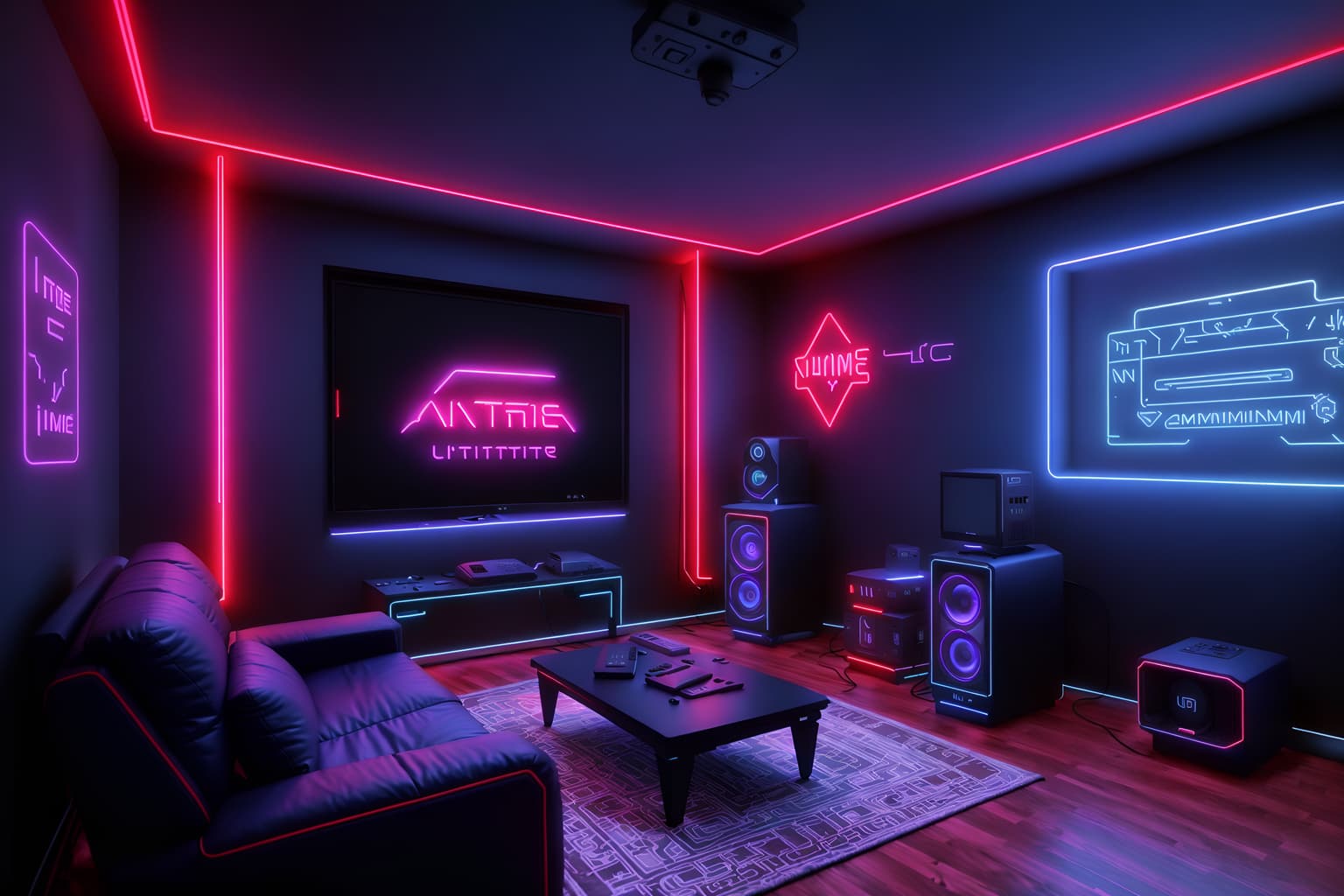 gaming room-style (attic interior) . with neon letters on wall and computer desk with computer displays and keyboard and neon lights and speakers and purple, red and blue fade light and dark walls and dark room and gaming chair. . cinematic photo, highly detailed, cinematic lighting, ultra-detailed, ultrarealistic, photorealism, 8k. gaming room interior design style. masterpiece, cinematic light, ultrarealistic+, photorealistic+, 8k, raw photo, realistic, sharp focus on eyes, (symmetrical eyes), (intact eyes), hyperrealistic, highest quality, best quality, , highly detailed, masterpiece, best quality, extremely detailed 8k wallpaper, masterpiece, best quality, ultra-detailed, best shadow, detailed background, detailed face, detailed eyes, high contrast, best illumination, detailed face, dulux, caustic, dynamic angle, detailed glow. dramatic lighting. highly detailed, insanely detailed hair, symmetrical, intricate details, professionally retouched, 8k high definition. strong bokeh. award winning photo.