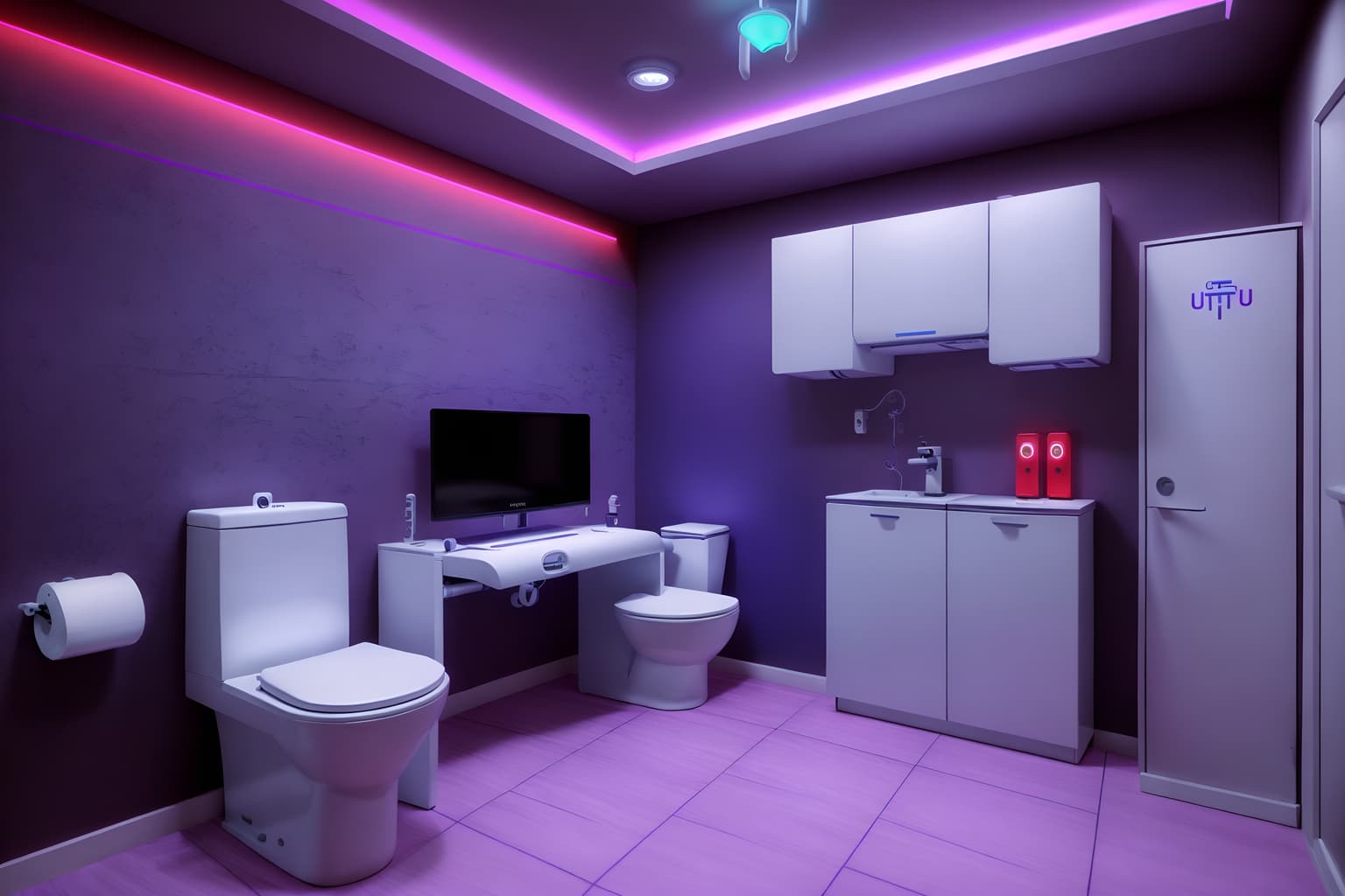 gaming room-style (toilet interior) with toilet with toilet seat up and toilet paper hanger and sink with tap and toilet with toilet seat up. . with purple, red and blue fade light and computer desk with computer displays and keyboard and purple and red lights and multiple displays and at night and dark walls and neon lights and dark room. . cinematic photo, highly detailed, cinematic lighting, ultra-detailed, ultrarealistic, photorealism, 8k. gaming room interior design style. masterpiece, cinematic light, ultrarealistic+, photorealistic+, 8k, raw photo, realistic, sharp focus on eyes, (symmetrical eyes), (intact eyes), hyperrealistic, highest quality, best quality, , highly detailed, masterpiece, best quality, extremely detailed 8k wallpaper, masterpiece, best quality, ultra-detailed, best shadow, detailed background, detailed face, detailed eyes, high contrast, best illumination, detailed face, dulux, caustic, dynamic angle, detailed glow. dramatic lighting. highly detailed, insanely detailed hair, symmetrical, intricate details, professionally retouched, 8k high definition. strong bokeh. award winning photo.