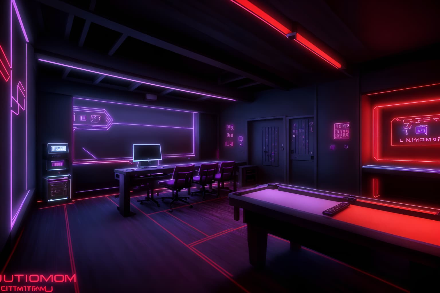 gaming room-style (onsen interior) . with purple and red lights and at night and dark room and purple, red and blue fade light and dark walls and neon letters on wall and neon lights and computer desk with computer displays and keyboard. . cinematic photo, highly detailed, cinematic lighting, ultra-detailed, ultrarealistic, photorealism, 8k. gaming room interior design style. masterpiece, cinematic light, ultrarealistic+, photorealistic+, 8k, raw photo, realistic, sharp focus on eyes, (symmetrical eyes), (intact eyes), hyperrealistic, highest quality, best quality, , highly detailed, masterpiece, best quality, extremely detailed 8k wallpaper, masterpiece, best quality, ultra-detailed, best shadow, detailed background, detailed face, detailed eyes, high contrast, best illumination, detailed face, dulux, caustic, dynamic angle, detailed glow. dramatic lighting. highly detailed, insanely detailed hair, symmetrical, intricate details, professionally retouched, 8k high definition. strong bokeh. award winning photo.
