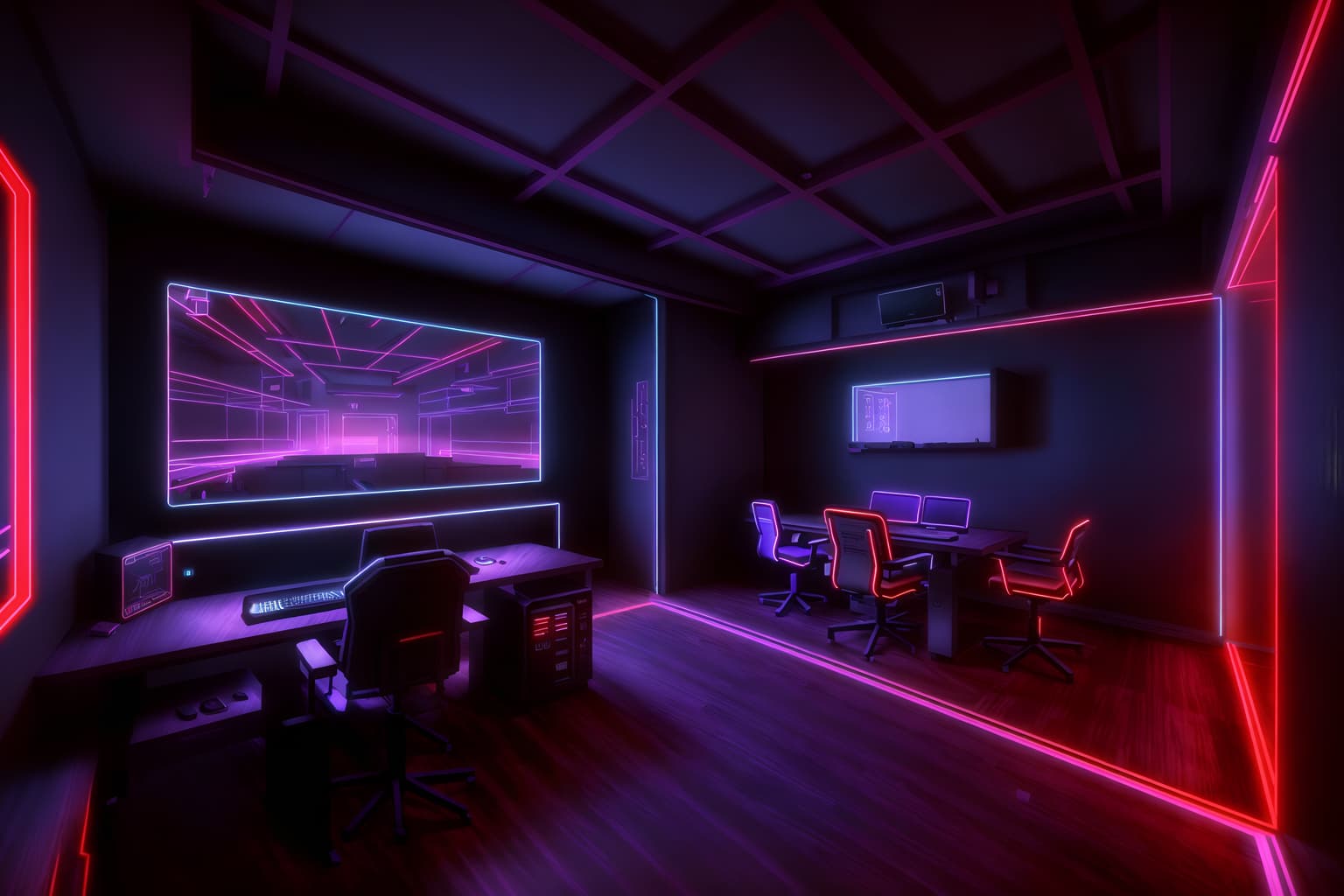 gaming room-style (onsen interior) . with purple and red lights and at night and dark room and purple, red and blue fade light and dark walls and neon letters on wall and neon lights and computer desk with computer displays and keyboard. . cinematic photo, highly detailed, cinematic lighting, ultra-detailed, ultrarealistic, photorealism, 8k. gaming room interior design style. masterpiece, cinematic light, ultrarealistic+, photorealistic+, 8k, raw photo, realistic, sharp focus on eyes, (symmetrical eyes), (intact eyes), hyperrealistic, highest quality, best quality, , highly detailed, masterpiece, best quality, extremely detailed 8k wallpaper, masterpiece, best quality, ultra-detailed, best shadow, detailed background, detailed face, detailed eyes, high contrast, best illumination, detailed face, dulux, caustic, dynamic angle, detailed glow. dramatic lighting. highly detailed, insanely detailed hair, symmetrical, intricate details, professionally retouched, 8k high definition. strong bokeh. award winning photo.