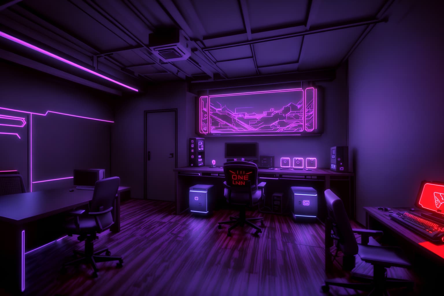 gaming room-style (onsen interior) . with purple and red lights and at night and dark room and purple, red and blue fade light and dark walls and neon letters on wall and neon lights and computer desk with computer displays and keyboard. . cinematic photo, highly detailed, cinematic lighting, ultra-detailed, ultrarealistic, photorealism, 8k. gaming room interior design style. masterpiece, cinematic light, ultrarealistic+, photorealistic+, 8k, raw photo, realistic, sharp focus on eyes, (symmetrical eyes), (intact eyes), hyperrealistic, highest quality, best quality, , highly detailed, masterpiece, best quality, extremely detailed 8k wallpaper, masterpiece, best quality, ultra-detailed, best shadow, detailed background, detailed face, detailed eyes, high contrast, best illumination, detailed face, dulux, caustic, dynamic angle, detailed glow. dramatic lighting. highly detailed, insanely detailed hair, symmetrical, intricate details, professionally retouched, 8k high definition. strong bokeh. award winning photo.