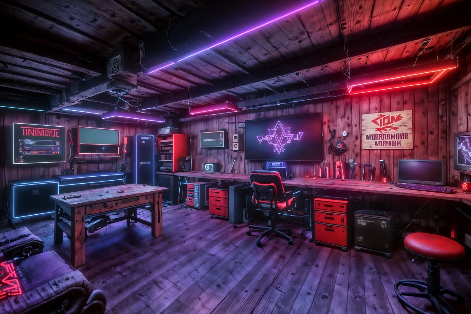 gaming room-style (workshop interior) with wooden workbench and messy and tool wall and wooden workbench. . with dark room and purple and red lights and speakers and neon letters on wall and purple, red and blue fade light and computer desk with computer displays and keyboard and multiple displays and gaming chair. . cinematic photo, highly detailed, cinematic lighting, ultra-detailed, ultrarealistic, photorealism, 8k. gaming room interior design style. masterpiece, cinematic light, ultrarealistic+, photorealistic+, 8k, raw photo, realistic, sharp focus on eyes, (symmetrical eyes), (intact eyes), hyperrealistic, highest quality, best quality, , highly detailed, masterpiece, best quality, extremely detailed 8k wallpaper, masterpiece, best quality, ultra-detailed, best shadow, detailed background, detailed face, detailed eyes, high contrast, best illumination, detailed face, dulux, caustic, dynamic angle, detailed glow. dramatic lighting. highly detailed, insanely detailed hair, symmetrical, intricate details, professionally retouched, 8k high definition. strong bokeh. award winning photo.