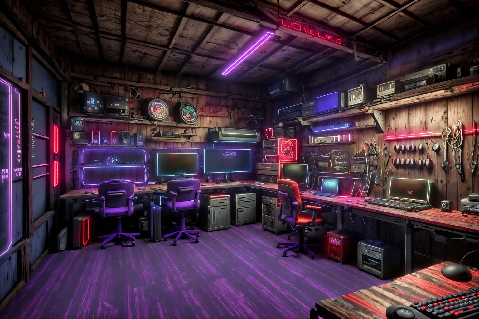gaming room-style (workshop interior) with wooden workbench and messy and tool wall and wooden workbench. . with dark room and purple and red lights and speakers and neon letters on wall and purple, red and blue fade light and computer desk with computer displays and keyboard and multiple displays and gaming chair. . cinematic photo, highly detailed, cinematic lighting, ultra-detailed, ultrarealistic, photorealism, 8k. gaming room interior design style. masterpiece, cinematic light, ultrarealistic+, photorealistic+, 8k, raw photo, realistic, sharp focus on eyes, (symmetrical eyes), (intact eyes), hyperrealistic, highest quality, best quality, , highly detailed, masterpiece, best quality, extremely detailed 8k wallpaper, masterpiece, best quality, ultra-detailed, best shadow, detailed background, detailed face, detailed eyes, high contrast, best illumination, detailed face, dulux, caustic, dynamic angle, detailed glow. dramatic lighting. highly detailed, insanely detailed hair, symmetrical, intricate details, professionally retouched, 8k high definition. strong bokeh. award winning photo.