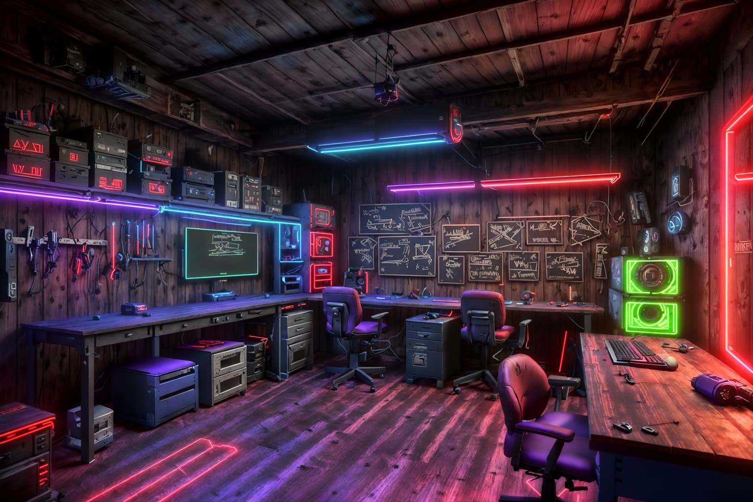 gaming room-style (workshop interior) with wooden workbench and messy and tool wall and wooden workbench. . with dark room and purple and red lights and speakers and neon letters on wall and purple, red and blue fade light and computer desk with computer displays and keyboard and multiple displays and gaming chair. . cinematic photo, highly detailed, cinematic lighting, ultra-detailed, ultrarealistic, photorealism, 8k. gaming room interior design style. masterpiece, cinematic light, ultrarealistic+, photorealistic+, 8k, raw photo, realistic, sharp focus on eyes, (symmetrical eyes), (intact eyes), hyperrealistic, highest quality, best quality, , highly detailed, masterpiece, best quality, extremely detailed 8k wallpaper, masterpiece, best quality, ultra-detailed, best shadow, detailed background, detailed face, detailed eyes, high contrast, best illumination, detailed face, dulux, caustic, dynamic angle, detailed glow. dramatic lighting. highly detailed, insanely detailed hair, symmetrical, intricate details, professionally retouched, 8k high definition. strong bokeh. award winning photo.