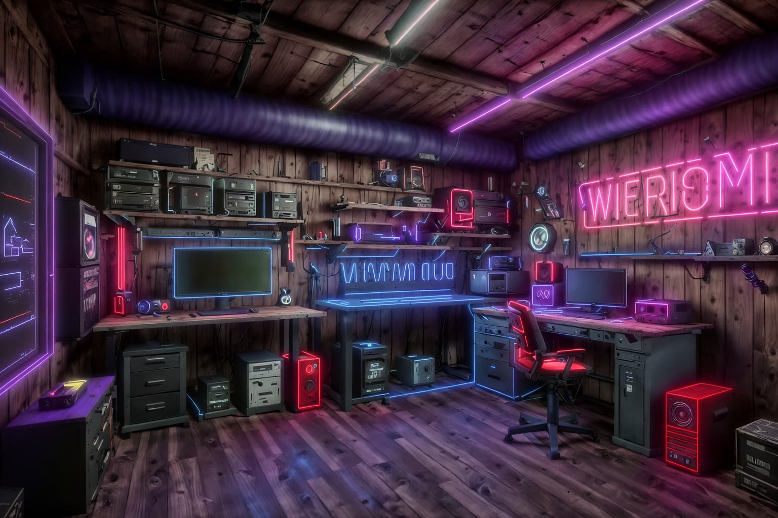 gaming room-style (workshop interior) with wooden workbench and messy and tool wall and wooden workbench. . with dark room and purple and red lights and speakers and neon letters on wall and purple, red and blue fade light and computer desk with computer displays and keyboard and multiple displays and gaming chair. . cinematic photo, highly detailed, cinematic lighting, ultra-detailed, ultrarealistic, photorealism, 8k. gaming room interior design style. masterpiece, cinematic light, ultrarealistic+, photorealistic+, 8k, raw photo, realistic, sharp focus on eyes, (symmetrical eyes), (intact eyes), hyperrealistic, highest quality, best quality, , highly detailed, masterpiece, best quality, extremely detailed 8k wallpaper, masterpiece, best quality, ultra-detailed, best shadow, detailed background, detailed face, detailed eyes, high contrast, best illumination, detailed face, dulux, caustic, dynamic angle, detailed glow. dramatic lighting. highly detailed, insanely detailed hair, symmetrical, intricate details, professionally retouched, 8k high definition. strong bokeh. award winning photo.
