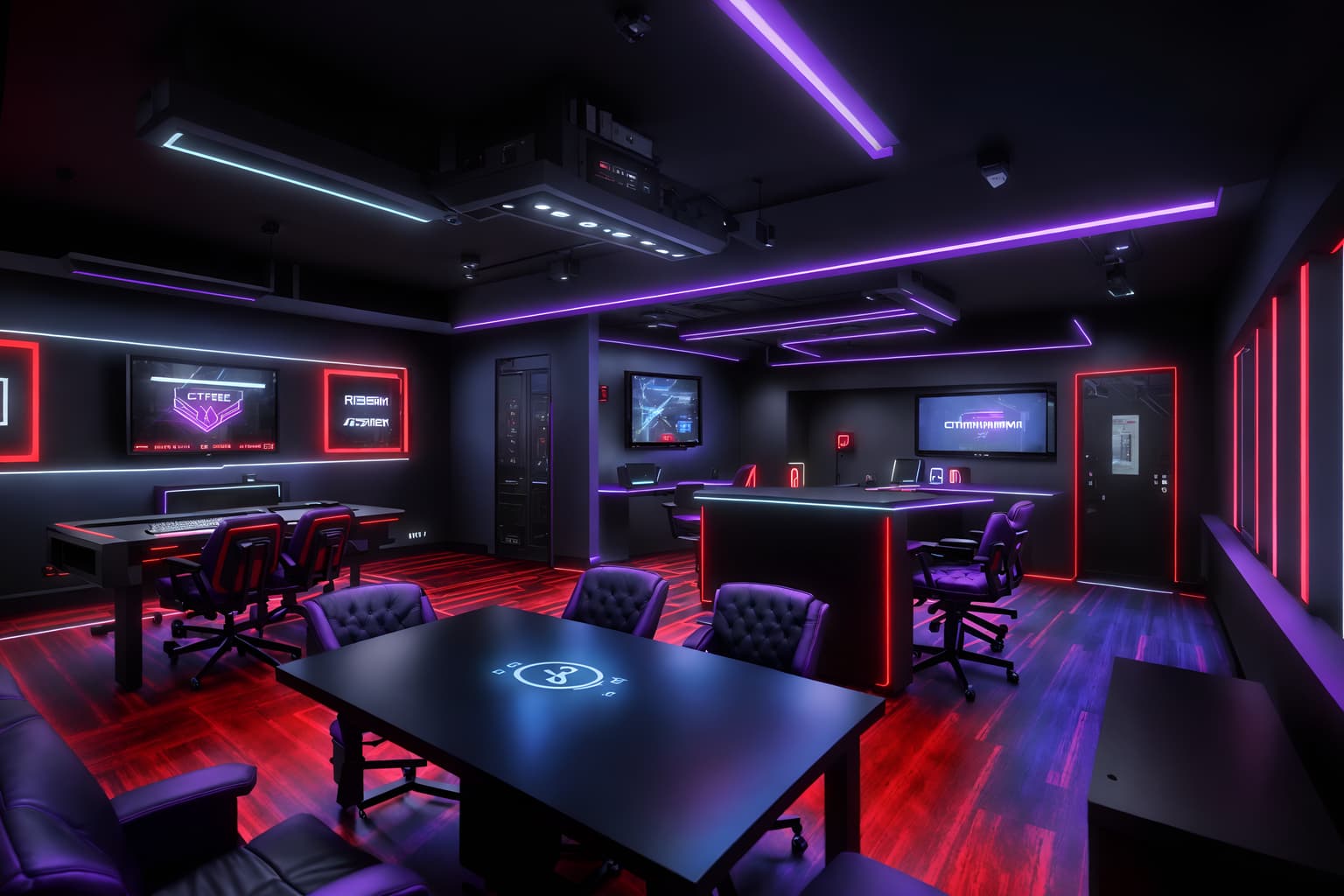 gaming room-style (coffee shop interior) . with purple, red and blue fade light and gaming chair and speakers and computer desk with computer displays and keyboard and dark walls and dark room and purple and red lights and multiple displays. . cinematic photo, highly detailed, cinematic lighting, ultra-detailed, ultrarealistic, photorealism, 8k. gaming room interior design style. masterpiece, cinematic light, ultrarealistic+, photorealistic+, 8k, raw photo, realistic, sharp focus on eyes, (symmetrical eyes), (intact eyes), hyperrealistic, highest quality, best quality, , highly detailed, masterpiece, best quality, extremely detailed 8k wallpaper, masterpiece, best quality, ultra-detailed, best shadow, detailed background, detailed face, detailed eyes, high contrast, best illumination, detailed face, dulux, caustic, dynamic angle, detailed glow. dramatic lighting. highly detailed, insanely detailed hair, symmetrical, intricate details, professionally retouched, 8k high definition. strong bokeh. award winning photo.