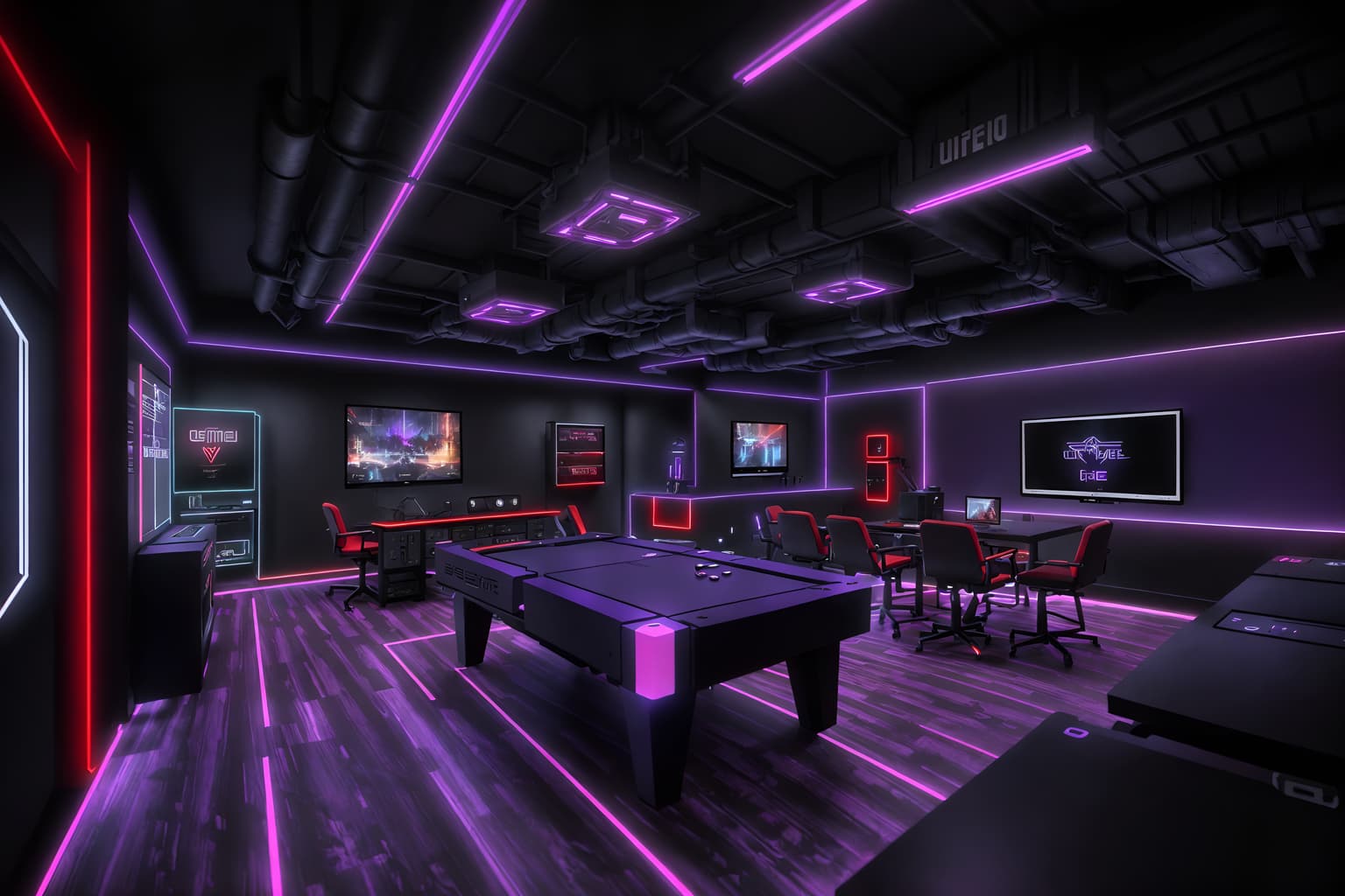 gaming room-style (coffee shop interior) . with purple, red and blue fade light and gaming chair and speakers and computer desk with computer displays and keyboard and dark walls and dark room and purple and red lights and multiple displays. . cinematic photo, highly detailed, cinematic lighting, ultra-detailed, ultrarealistic, photorealism, 8k. gaming room interior design style. masterpiece, cinematic light, ultrarealistic+, photorealistic+, 8k, raw photo, realistic, sharp focus on eyes, (symmetrical eyes), (intact eyes), hyperrealistic, highest quality, best quality, , highly detailed, masterpiece, best quality, extremely detailed 8k wallpaper, masterpiece, best quality, ultra-detailed, best shadow, detailed background, detailed face, detailed eyes, high contrast, best illumination, detailed face, dulux, caustic, dynamic angle, detailed glow. dramatic lighting. highly detailed, insanely detailed hair, symmetrical, intricate details, professionally retouched, 8k high definition. strong bokeh. award winning photo.