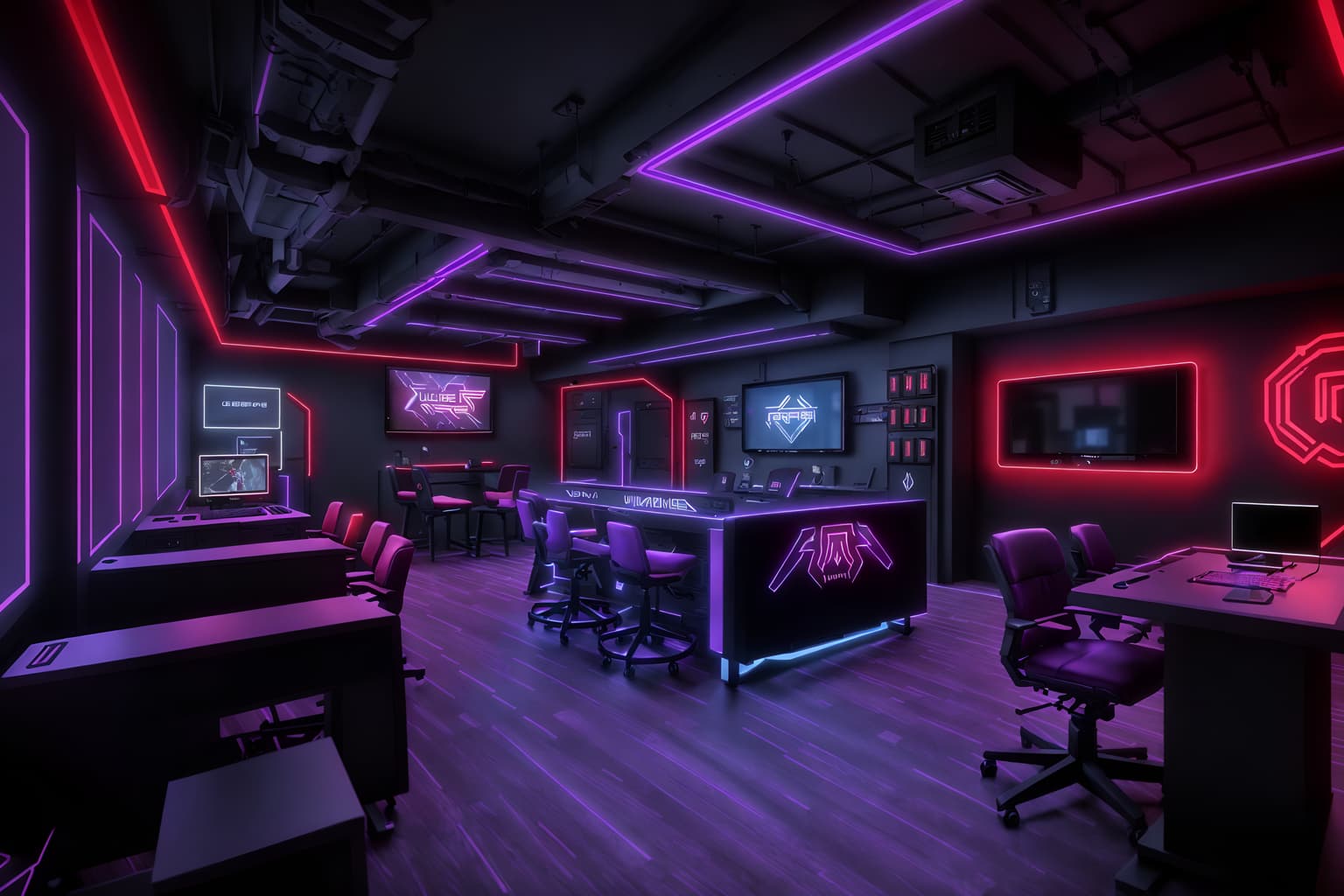 gaming room-style (coffee shop interior) . with purple, red and blue fade light and gaming chair and speakers and computer desk with computer displays and keyboard and dark walls and dark room and purple and red lights and multiple displays. . cinematic photo, highly detailed, cinematic lighting, ultra-detailed, ultrarealistic, photorealism, 8k. gaming room interior design style. masterpiece, cinematic light, ultrarealistic+, photorealistic+, 8k, raw photo, realistic, sharp focus on eyes, (symmetrical eyes), (intact eyes), hyperrealistic, highest quality, best quality, , highly detailed, masterpiece, best quality, extremely detailed 8k wallpaper, masterpiece, best quality, ultra-detailed, best shadow, detailed background, detailed face, detailed eyes, high contrast, best illumination, detailed face, dulux, caustic, dynamic angle, detailed glow. dramatic lighting. highly detailed, insanely detailed hair, symmetrical, intricate details, professionally retouched, 8k high definition. strong bokeh. award winning photo.