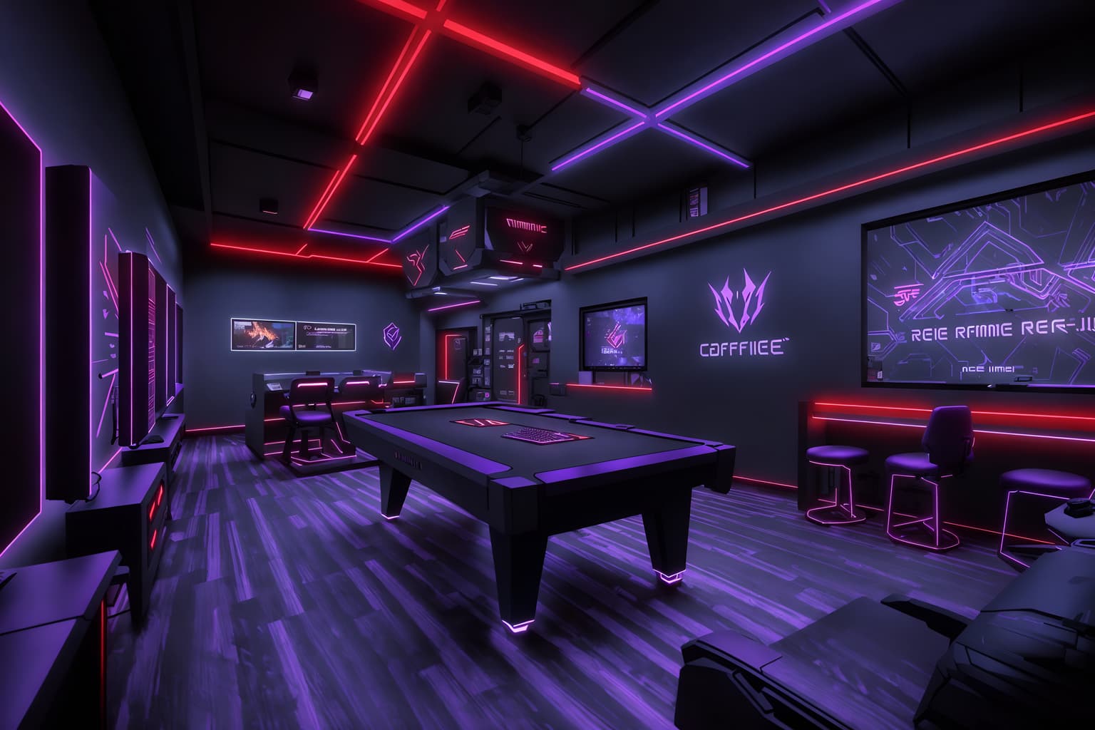 gaming room-style (coffee shop interior) . with purple, red and blue fade light and gaming chair and speakers and computer desk with computer displays and keyboard and dark walls and dark room and purple and red lights and multiple displays. . cinematic photo, highly detailed, cinematic lighting, ultra-detailed, ultrarealistic, photorealism, 8k. gaming room interior design style. masterpiece, cinematic light, ultrarealistic+, photorealistic+, 8k, raw photo, realistic, sharp focus on eyes, (symmetrical eyes), (intact eyes), hyperrealistic, highest quality, best quality, , highly detailed, masterpiece, best quality, extremely detailed 8k wallpaper, masterpiece, best quality, ultra-detailed, best shadow, detailed background, detailed face, detailed eyes, high contrast, best illumination, detailed face, dulux, caustic, dynamic angle, detailed glow. dramatic lighting. highly detailed, insanely detailed hair, symmetrical, intricate details, professionally retouched, 8k high definition. strong bokeh. award winning photo.