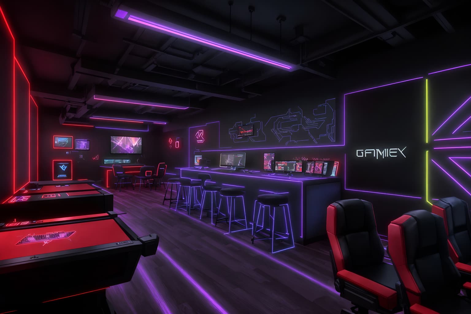 gaming room-style (coffee shop interior) . with purple, red and blue fade light and gaming chair and speakers and computer desk with computer displays and keyboard and dark walls and dark room and purple and red lights and multiple displays. . cinematic photo, highly detailed, cinematic lighting, ultra-detailed, ultrarealistic, photorealism, 8k. gaming room interior design style. masterpiece, cinematic light, ultrarealistic+, photorealistic+, 8k, raw photo, realistic, sharp focus on eyes, (symmetrical eyes), (intact eyes), hyperrealistic, highest quality, best quality, , highly detailed, masterpiece, best quality, extremely detailed 8k wallpaper, masterpiece, best quality, ultra-detailed, best shadow, detailed background, detailed face, detailed eyes, high contrast, best illumination, detailed face, dulux, caustic, dynamic angle, detailed glow. dramatic lighting. highly detailed, insanely detailed hair, symmetrical, intricate details, professionally retouched, 8k high definition. strong bokeh. award winning photo.