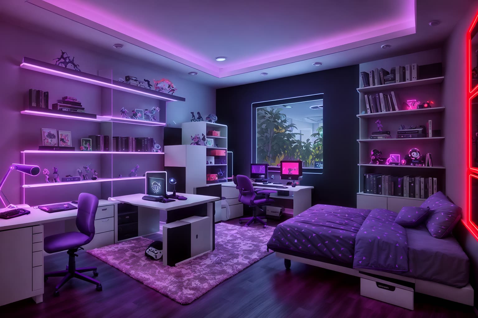 gaming room-style (kids room interior) with kids desk and bed and accent chair and mirror and dresser closet and storage bench or ottoman and night light and plant. . with dark walls and neon lights and purple, red and blue fade light and purple and red lights and gaming chair and at night and computer desk with computer displays and keyboard and speakers. . cinematic photo, highly detailed, cinematic lighting, ultra-detailed, ultrarealistic, photorealism, 8k. gaming room interior design style. masterpiece, cinematic light, ultrarealistic+, photorealistic+, 8k, raw photo, realistic, sharp focus on eyes, (symmetrical eyes), (intact eyes), hyperrealistic, highest quality, best quality, , highly detailed, masterpiece, best quality, extremely detailed 8k wallpaper, masterpiece, best quality, ultra-detailed, best shadow, detailed background, detailed face, detailed eyes, high contrast, best illumination, detailed face, dulux, caustic, dynamic angle, detailed glow. dramatic lighting. highly detailed, insanely detailed hair, symmetrical, intricate details, professionally retouched, 8k high definition. strong bokeh. award winning photo.