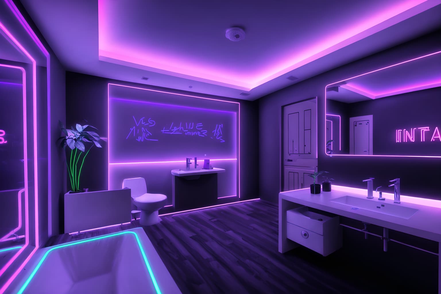 gaming room-style (hotel bathroom interior) with bathroom sink with faucet and toilet seat and waste basket and bath rail and bathtub and shower and bathroom cabinet and plant. . with at night and dark walls and neon letters on wall and purple, red and blue fade light and computer desk with computer displays and keyboard and neon lights and speakers and dark room. . cinematic photo, highly detailed, cinematic lighting, ultra-detailed, ultrarealistic, photorealism, 8k. gaming room interior design style. masterpiece, cinematic light, ultrarealistic+, photorealistic+, 8k, raw photo, realistic, sharp focus on eyes, (symmetrical eyes), (intact eyes), hyperrealistic, highest quality, best quality, , highly detailed, masterpiece, best quality, extremely detailed 8k wallpaper, masterpiece, best quality, ultra-detailed, best shadow, detailed background, detailed face, detailed eyes, high contrast, best illumination, detailed face, dulux, caustic, dynamic angle, detailed glow. dramatic lighting. highly detailed, insanely detailed hair, symmetrical, intricate details, professionally retouched, 8k high definition. strong bokeh. award winning photo.