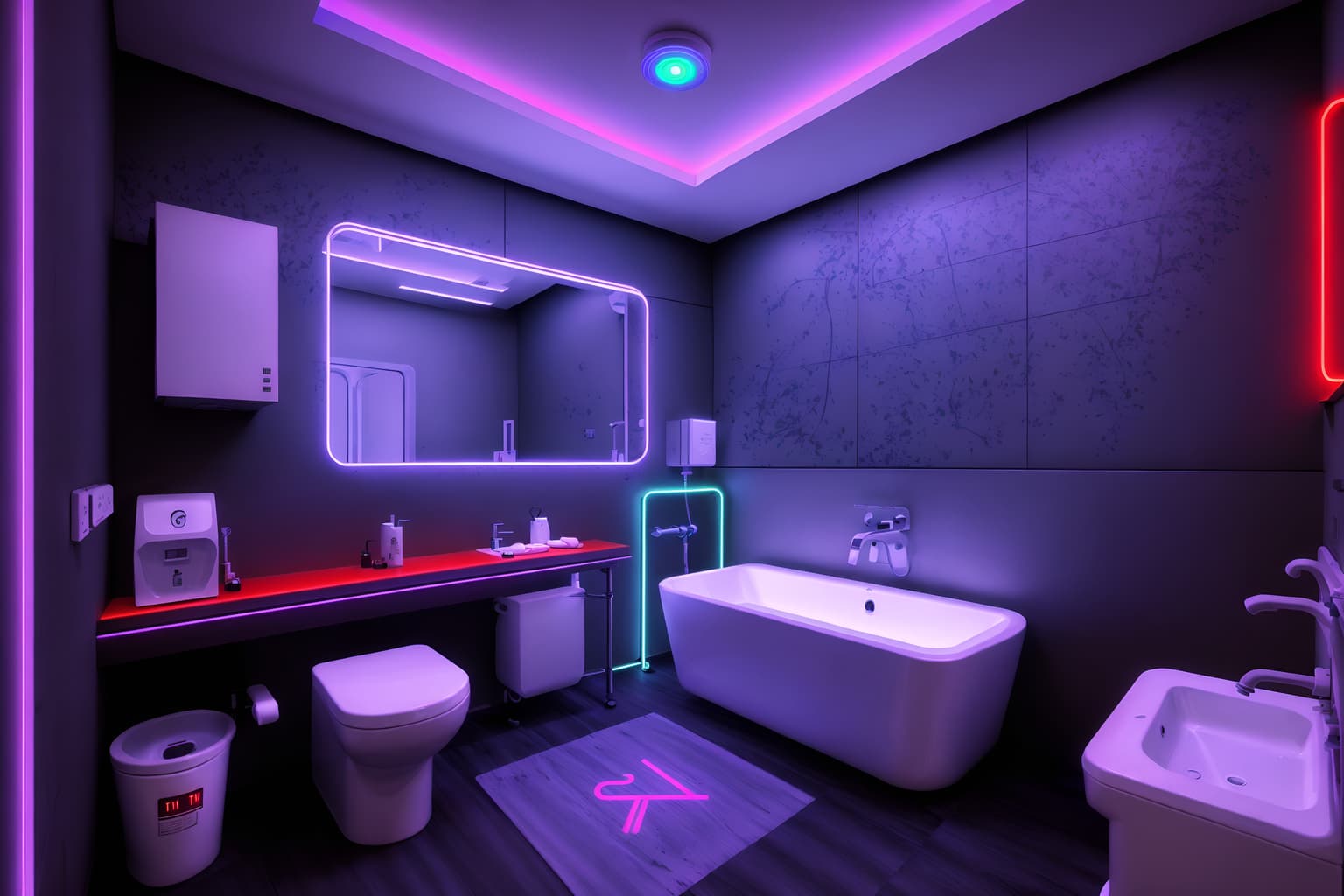 gaming room-style (hotel bathroom interior) with bathroom sink with faucet and toilet seat and waste basket and bath rail and bathtub and shower and bathroom cabinet and plant. . with at night and dark walls and neon letters on wall and purple, red and blue fade light and computer desk with computer displays and keyboard and neon lights and speakers and dark room. . cinematic photo, highly detailed, cinematic lighting, ultra-detailed, ultrarealistic, photorealism, 8k. gaming room interior design style. masterpiece, cinematic light, ultrarealistic+, photorealistic+, 8k, raw photo, realistic, sharp focus on eyes, (symmetrical eyes), (intact eyes), hyperrealistic, highest quality, best quality, , highly detailed, masterpiece, best quality, extremely detailed 8k wallpaper, masterpiece, best quality, ultra-detailed, best shadow, detailed background, detailed face, detailed eyes, high contrast, best illumination, detailed face, dulux, caustic, dynamic angle, detailed glow. dramatic lighting. highly detailed, insanely detailed hair, symmetrical, intricate details, professionally retouched, 8k high definition. strong bokeh. award winning photo.