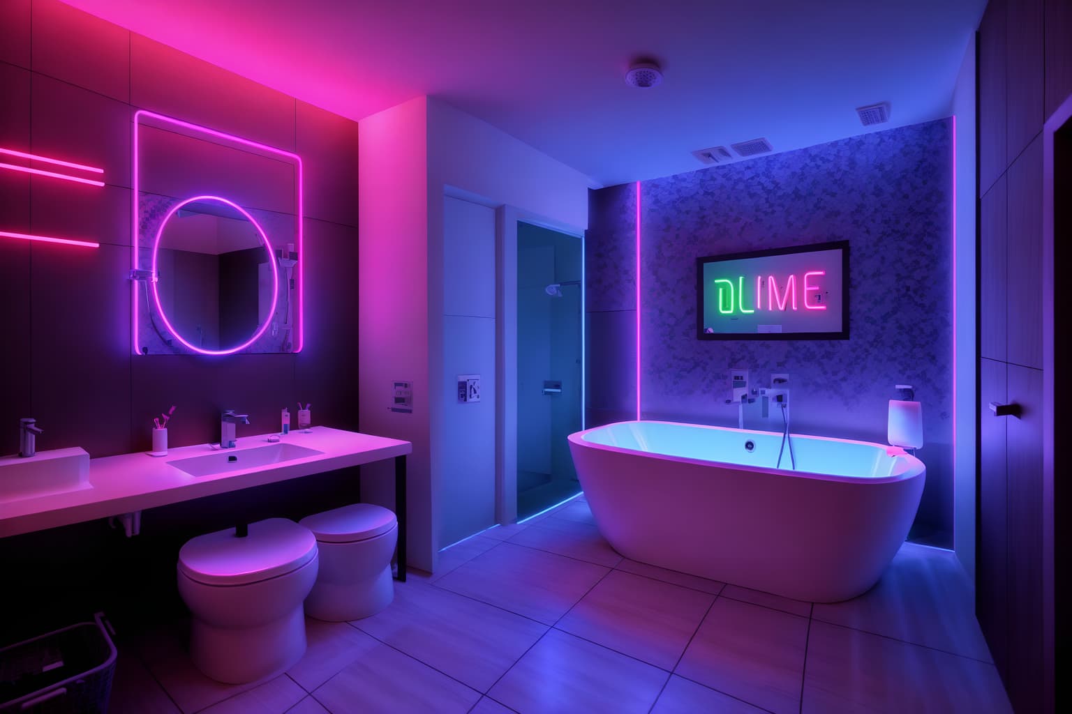 gaming room-style (hotel bathroom interior) with bathroom sink with faucet and toilet seat and waste basket and bath rail and bathtub and shower and bathroom cabinet and plant. . with at night and dark walls and neon letters on wall and purple, red and blue fade light and computer desk with computer displays and keyboard and neon lights and speakers and dark room. . cinematic photo, highly detailed, cinematic lighting, ultra-detailed, ultrarealistic, photorealism, 8k. gaming room interior design style. masterpiece, cinematic light, ultrarealistic+, photorealistic+, 8k, raw photo, realistic, sharp focus on eyes, (symmetrical eyes), (intact eyes), hyperrealistic, highest quality, best quality, , highly detailed, masterpiece, best quality, extremely detailed 8k wallpaper, masterpiece, best quality, ultra-detailed, best shadow, detailed background, detailed face, detailed eyes, high contrast, best illumination, detailed face, dulux, caustic, dynamic angle, detailed glow. dramatic lighting. highly detailed, insanely detailed hair, symmetrical, intricate details, professionally retouched, 8k high definition. strong bokeh. award winning photo.