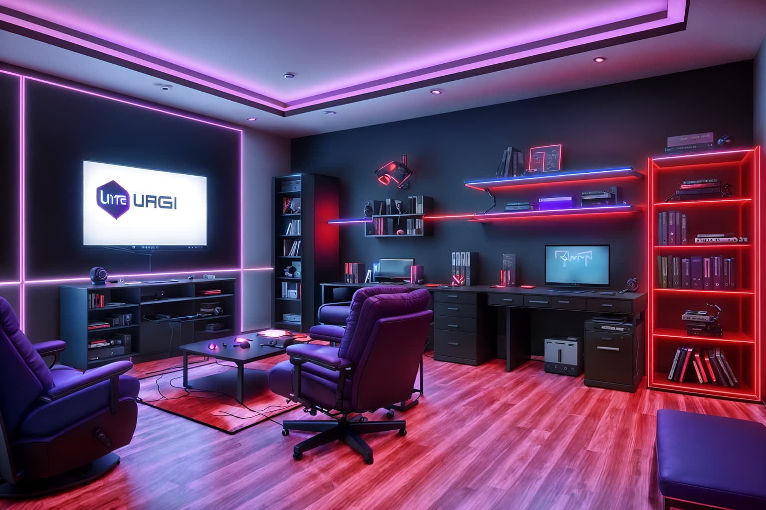 gaming room-style (study room interior) with writing desk and cabinets and plant and lounge chair and desk lamp and office chair and bookshelves and writing desk. . with purple, red and blue fade light and speakers and dark room and neon letters on wall and gaming chair and at night and dark walls and computer desk with computer displays and keyboard. . cinematic photo, highly detailed, cinematic lighting, ultra-detailed, ultrarealistic, photorealism, 8k. gaming room interior design style. masterpiece, cinematic light, ultrarealistic+, photorealistic+, 8k, raw photo, realistic, sharp focus on eyes, (symmetrical eyes), (intact eyes), hyperrealistic, highest quality, best quality, , highly detailed, masterpiece, best quality, extremely detailed 8k wallpaper, masterpiece, best quality, ultra-detailed, best shadow, detailed background, detailed face, detailed eyes, high contrast, best illumination, detailed face, dulux, caustic, dynamic angle, detailed glow. dramatic lighting. highly detailed, insanely detailed hair, symmetrical, intricate details, professionally retouched, 8k high definition. strong bokeh. award winning photo.