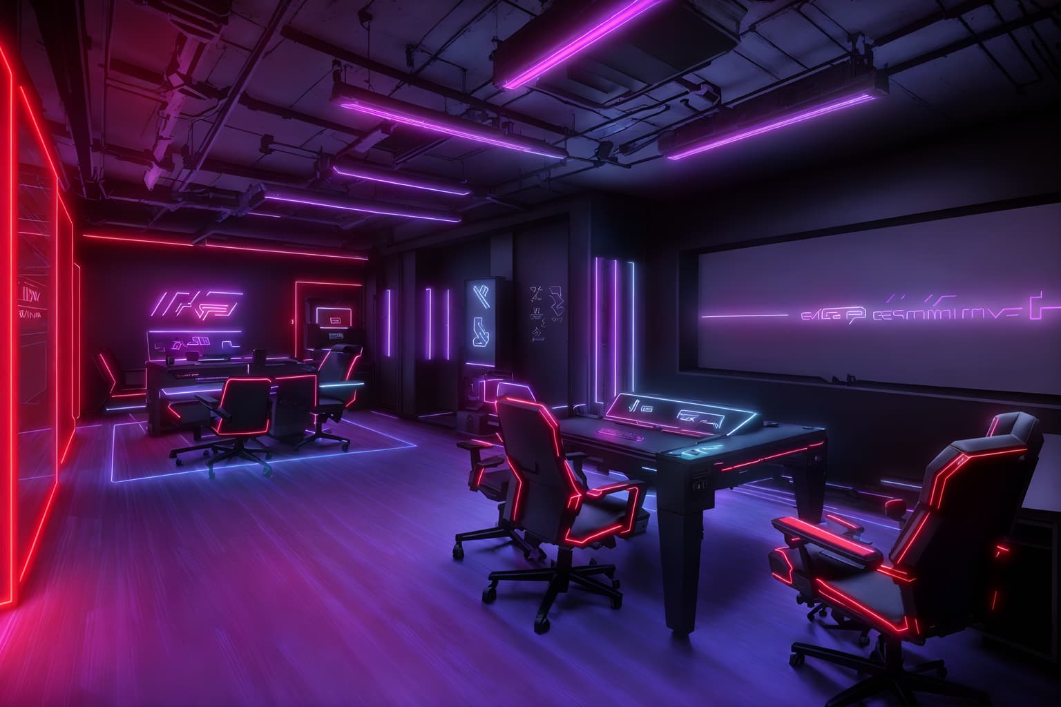 gaming room-style (clothing store interior) . with purple, red and blue fade light and computer desk with computer displays and keyboard and speakers and dark walls and gaming chair and multiple displays and neon lights and purple and red lights. . cinematic photo, highly detailed, cinematic lighting, ultra-detailed, ultrarealistic, photorealism, 8k. gaming room interior design style. masterpiece, cinematic light, ultrarealistic+, photorealistic+, 8k, raw photo, realistic, sharp focus on eyes, (symmetrical eyes), (intact eyes), hyperrealistic, highest quality, best quality, , highly detailed, masterpiece, best quality, extremely detailed 8k wallpaper, masterpiece, best quality, ultra-detailed, best shadow, detailed background, detailed face, detailed eyes, high contrast, best illumination, detailed face, dulux, caustic, dynamic angle, detailed glow. dramatic lighting. highly detailed, insanely detailed hair, symmetrical, intricate details, professionally retouched, 8k high definition. strong bokeh. award winning photo.