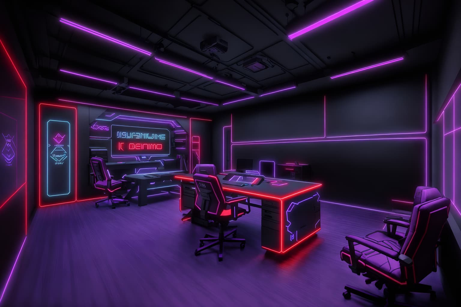 gaming room-style (clothing store interior) . with purple, red and blue fade light and computer desk with computer displays and keyboard and speakers and dark walls and gaming chair and multiple displays and neon lights and purple and red lights. . cinematic photo, highly detailed, cinematic lighting, ultra-detailed, ultrarealistic, photorealism, 8k. gaming room interior design style. masterpiece, cinematic light, ultrarealistic+, photorealistic+, 8k, raw photo, realistic, sharp focus on eyes, (symmetrical eyes), (intact eyes), hyperrealistic, highest quality, best quality, , highly detailed, masterpiece, best quality, extremely detailed 8k wallpaper, masterpiece, best quality, ultra-detailed, best shadow, detailed background, detailed face, detailed eyes, high contrast, best illumination, detailed face, dulux, caustic, dynamic angle, detailed glow. dramatic lighting. highly detailed, insanely detailed hair, symmetrical, intricate details, professionally retouched, 8k high definition. strong bokeh. award winning photo.