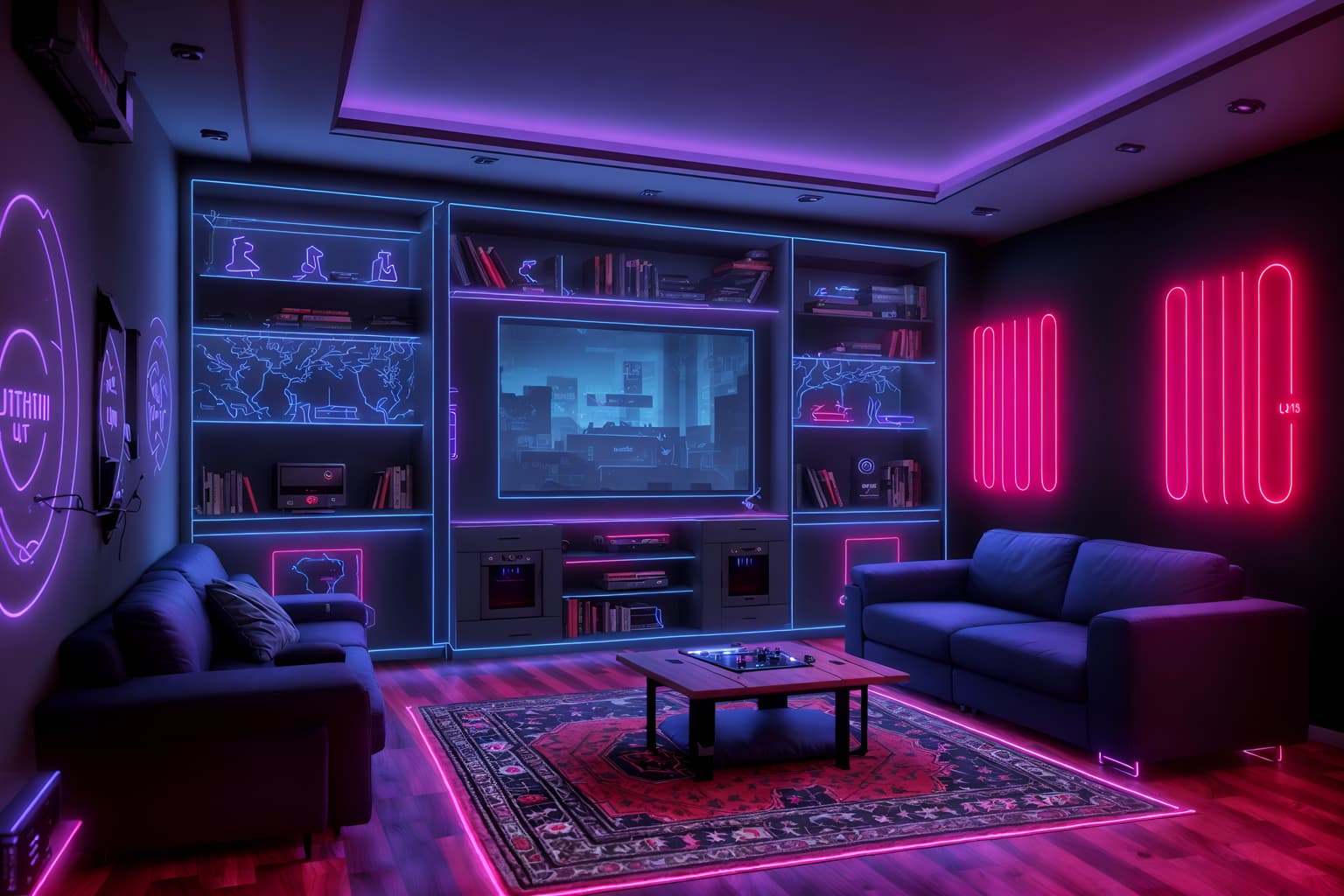 gaming room-style (kitchen living combo interior) with stove and plant and sofa and televisions and occasional tables and bookshelves and chairs and rug. . with gaming chair and speakers and computer desk with computer displays and keyboard and neon lights and neon letters on wall and multiple displays and purple, red and blue fade light and at night. . cinematic photo, highly detailed, cinematic lighting, ultra-detailed, ultrarealistic, photorealism, 8k. gaming room interior design style. masterpiece, cinematic light, ultrarealistic+, photorealistic+, 8k, raw photo, realistic, sharp focus on eyes, (symmetrical eyes), (intact eyes), hyperrealistic, highest quality, best quality, , highly detailed, masterpiece, best quality, extremely detailed 8k wallpaper, masterpiece, best quality, ultra-detailed, best shadow, detailed background, detailed face, detailed eyes, high contrast, best illumination, detailed face, dulux, caustic, dynamic angle, detailed glow. dramatic lighting. highly detailed, insanely detailed hair, symmetrical, intricate details, professionally retouched, 8k high definition. strong bokeh. award winning photo.