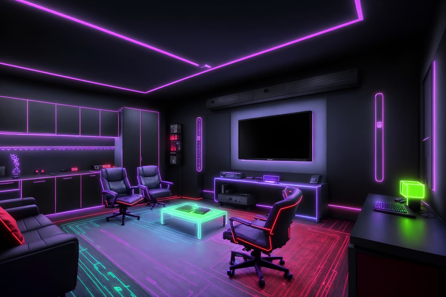 gaming room-style exterior designed (house exterior exterior) . with purple, red and blue fade light and neon lights and at night and computer desk with computer displays and keyboard and neon letters on wall and dark walls and multiple displays and purple and red lights. . cinematic photo, highly detailed, cinematic lighting, ultra-detailed, ultrarealistic, photorealism, 8k. gaming room exterior design style. masterpiece, cinematic light, ultrarealistic+, photorealistic+, 8k, raw photo, realistic, sharp focus on eyes, (symmetrical eyes), (intact eyes), hyperrealistic, highest quality, best quality, , highly detailed, masterpiece, best quality, extremely detailed 8k wallpaper, masterpiece, best quality, ultra-detailed, best shadow, detailed background, detailed face, detailed eyes, high contrast, best illumination, detailed face, dulux, caustic, dynamic angle, detailed glow. dramatic lighting. highly detailed, insanely detailed hair, symmetrical, intricate details, professionally retouched, 8k high definition. strong bokeh. award winning photo.