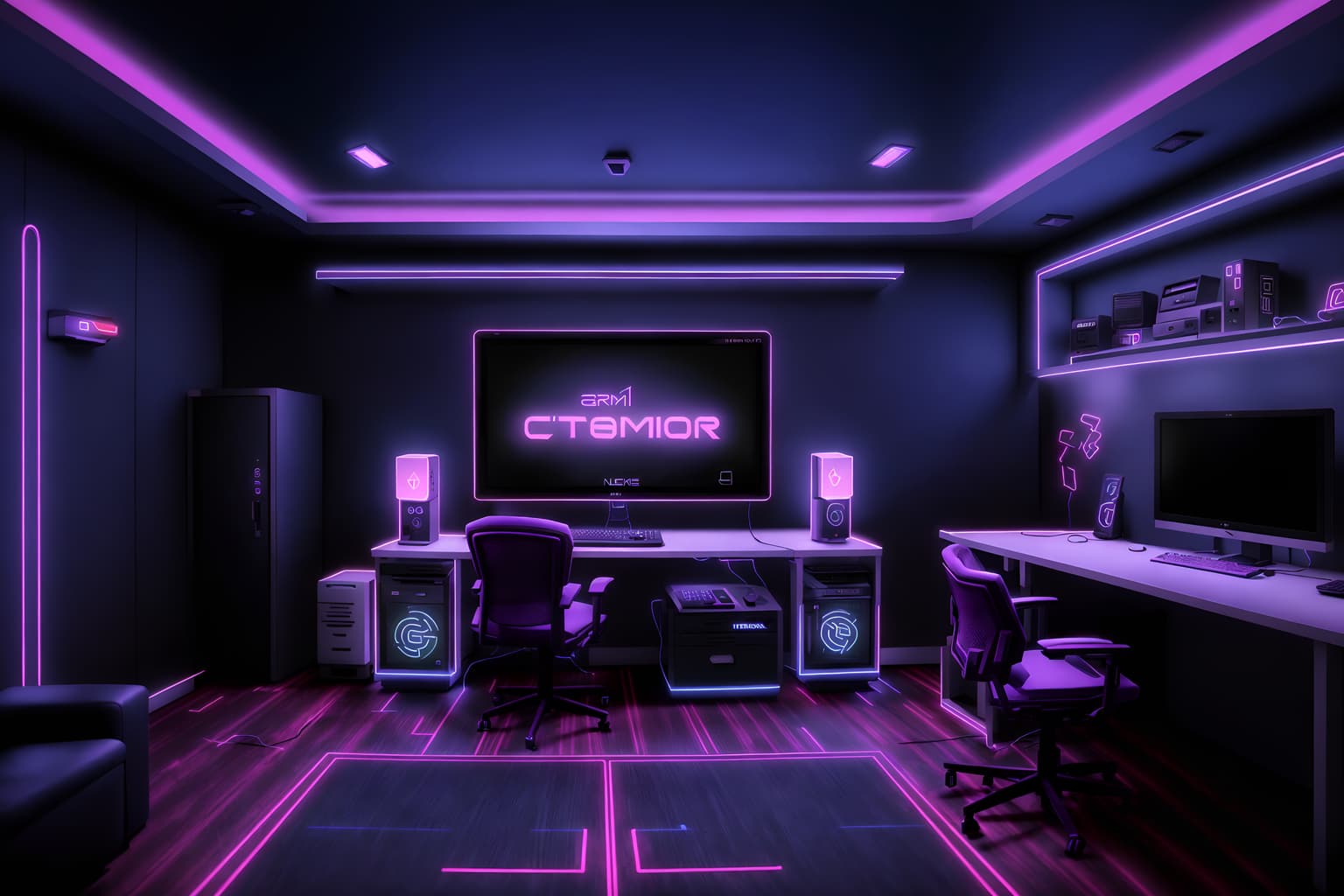gaming room-style exterior designed (house exterior exterior) . with purple, red and blue fade light and neon lights and at night and computer desk with computer displays and keyboard and neon letters on wall and dark walls and multiple displays and purple and red lights. . cinematic photo, highly detailed, cinematic lighting, ultra-detailed, ultrarealistic, photorealism, 8k. gaming room exterior design style. masterpiece, cinematic light, ultrarealistic+, photorealistic+, 8k, raw photo, realistic, sharp focus on eyes, (symmetrical eyes), (intact eyes), hyperrealistic, highest quality, best quality, , highly detailed, masterpiece, best quality, extremely detailed 8k wallpaper, masterpiece, best quality, ultra-detailed, best shadow, detailed background, detailed face, detailed eyes, high contrast, best illumination, detailed face, dulux, caustic, dynamic angle, detailed glow. dramatic lighting. highly detailed, insanely detailed hair, symmetrical, intricate details, professionally retouched, 8k high definition. strong bokeh. award winning photo.