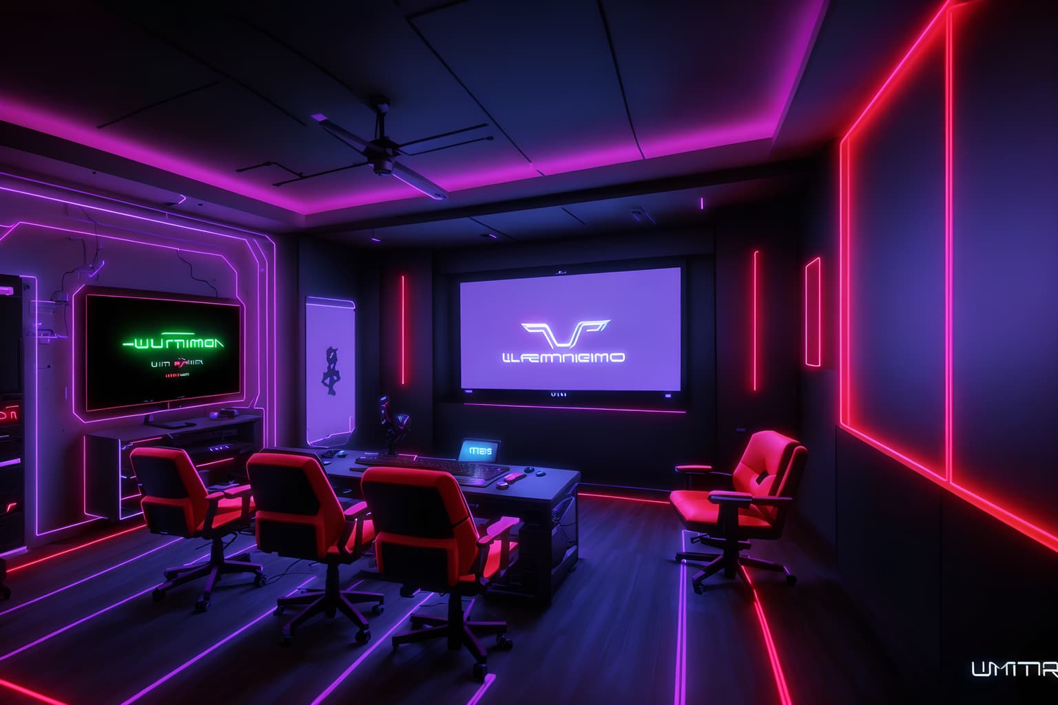 gaming room-style (gaming room interior) . with gaming chair and neon lights and purple and red lights and neon letters on wall and multiple displays and computer desk with computer displays and keyboard and dark walls and at night. . cinematic photo, highly detailed, cinematic lighting, ultra-detailed, ultrarealistic, photorealism, 8k. gaming room interior design style. masterpiece, cinematic light, ultrarealistic+, photorealistic+, 8k, raw photo, realistic, sharp focus on eyes, (symmetrical eyes), (intact eyes), hyperrealistic, highest quality, best quality, , highly detailed, masterpiece, best quality, extremely detailed 8k wallpaper, masterpiece, best quality, ultra-detailed, best shadow, detailed background, detailed face, detailed eyes, high contrast, best illumination, detailed face, dulux, caustic, dynamic angle, detailed glow. dramatic lighting. highly detailed, insanely detailed hair, symmetrical, intricate details, professionally retouched, 8k high definition. strong bokeh. award winning photo.