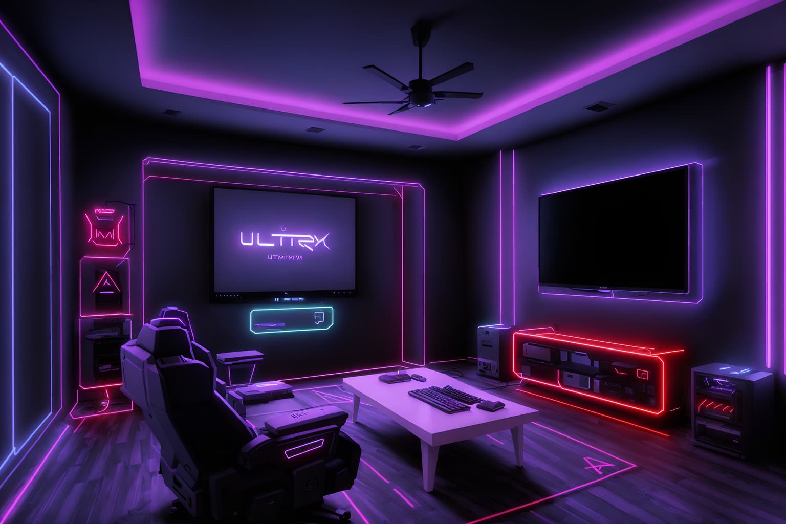 gaming room-style (gaming room interior) . with gaming chair and neon lights and purple and red lights and neon letters on wall and multiple displays and computer desk with computer displays and keyboard and dark walls and at night. . cinematic photo, highly detailed, cinematic lighting, ultra-detailed, ultrarealistic, photorealism, 8k. gaming room interior design style. masterpiece, cinematic light, ultrarealistic+, photorealistic+, 8k, raw photo, realistic, sharp focus on eyes, (symmetrical eyes), (intact eyes), hyperrealistic, highest quality, best quality, , highly detailed, masterpiece, best quality, extremely detailed 8k wallpaper, masterpiece, best quality, ultra-detailed, best shadow, detailed background, detailed face, detailed eyes, high contrast, best illumination, detailed face, dulux, caustic, dynamic angle, detailed glow. dramatic lighting. highly detailed, insanely detailed hair, symmetrical, intricate details, professionally retouched, 8k high definition. strong bokeh. award winning photo.