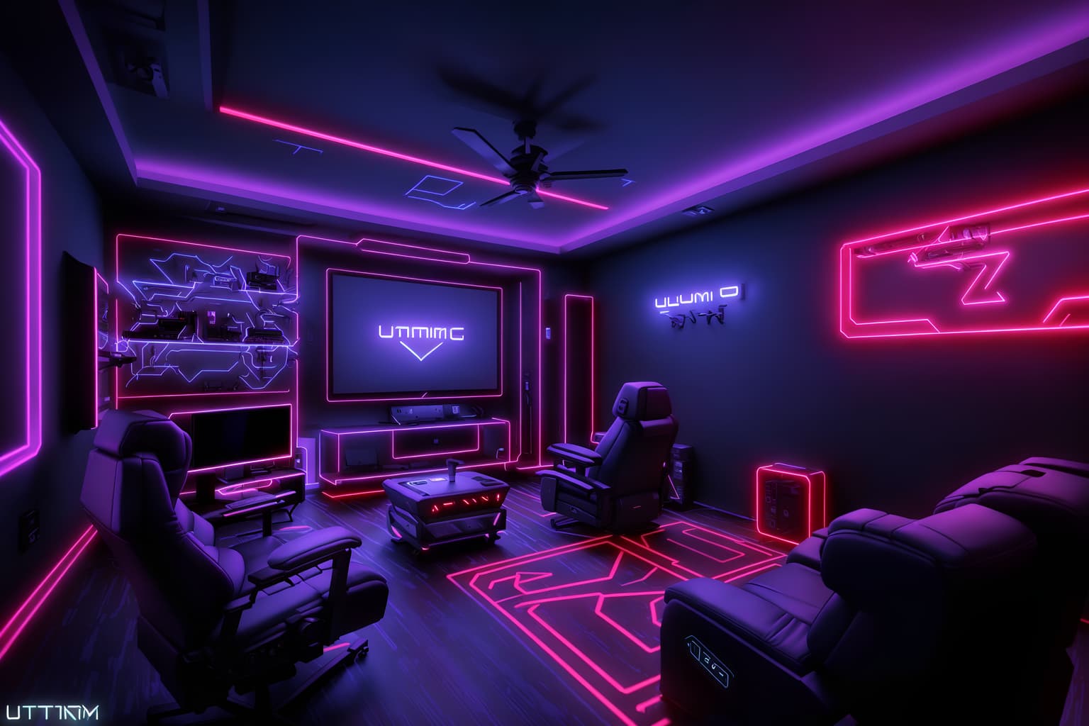 gaming room-style (gaming room interior) . with gaming chair and neon lights and purple and red lights and neon letters on wall and multiple displays and computer desk with computer displays and keyboard and dark walls and at night. . cinematic photo, highly detailed, cinematic lighting, ultra-detailed, ultrarealistic, photorealism, 8k. gaming room interior design style. masterpiece, cinematic light, ultrarealistic+, photorealistic+, 8k, raw photo, realistic, sharp focus on eyes, (symmetrical eyes), (intact eyes), hyperrealistic, highest quality, best quality, , highly detailed, masterpiece, best quality, extremely detailed 8k wallpaper, masterpiece, best quality, ultra-detailed, best shadow, detailed background, detailed face, detailed eyes, high contrast, best illumination, detailed face, dulux, caustic, dynamic angle, detailed glow. dramatic lighting. highly detailed, insanely detailed hair, symmetrical, intricate details, professionally retouched, 8k high definition. strong bokeh. award winning photo.