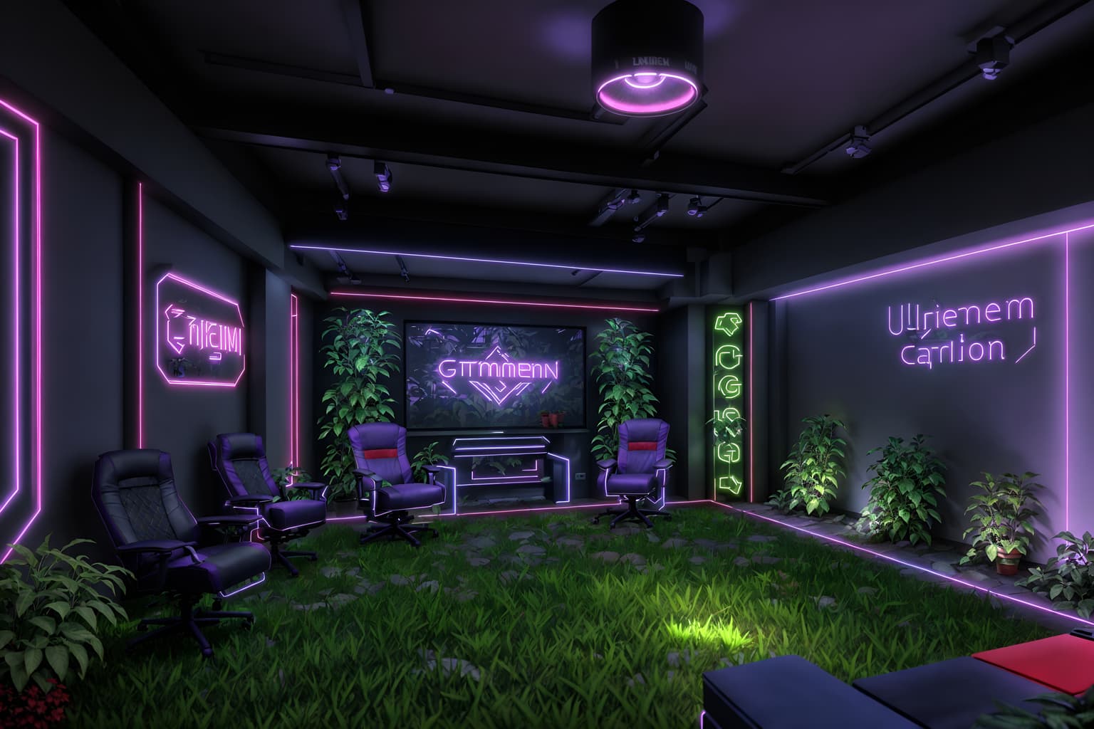 gaming room-style designed (outdoor garden ) with garden plants and garden tree and grass and garden plants. . with purple and red lights and at night and dark room and neon letters on wall and dark walls and gaming chair and purple, red and blue fade light and neon lights. . cinematic photo, highly detailed, cinematic lighting, ultra-detailed, ultrarealistic, photorealism, 8k. gaming room design style. masterpiece, cinematic light, ultrarealistic+, photorealistic+, 8k, raw photo, realistic, sharp focus on eyes, (symmetrical eyes), (intact eyes), hyperrealistic, highest quality, best quality, , highly detailed, masterpiece, best quality, extremely detailed 8k wallpaper, masterpiece, best quality, ultra-detailed, best shadow, detailed background, detailed face, detailed eyes, high contrast, best illumination, detailed face, dulux, caustic, dynamic angle, detailed glow. dramatic lighting. highly detailed, insanely detailed hair, symmetrical, intricate details, professionally retouched, 8k high definition. strong bokeh. award winning photo.