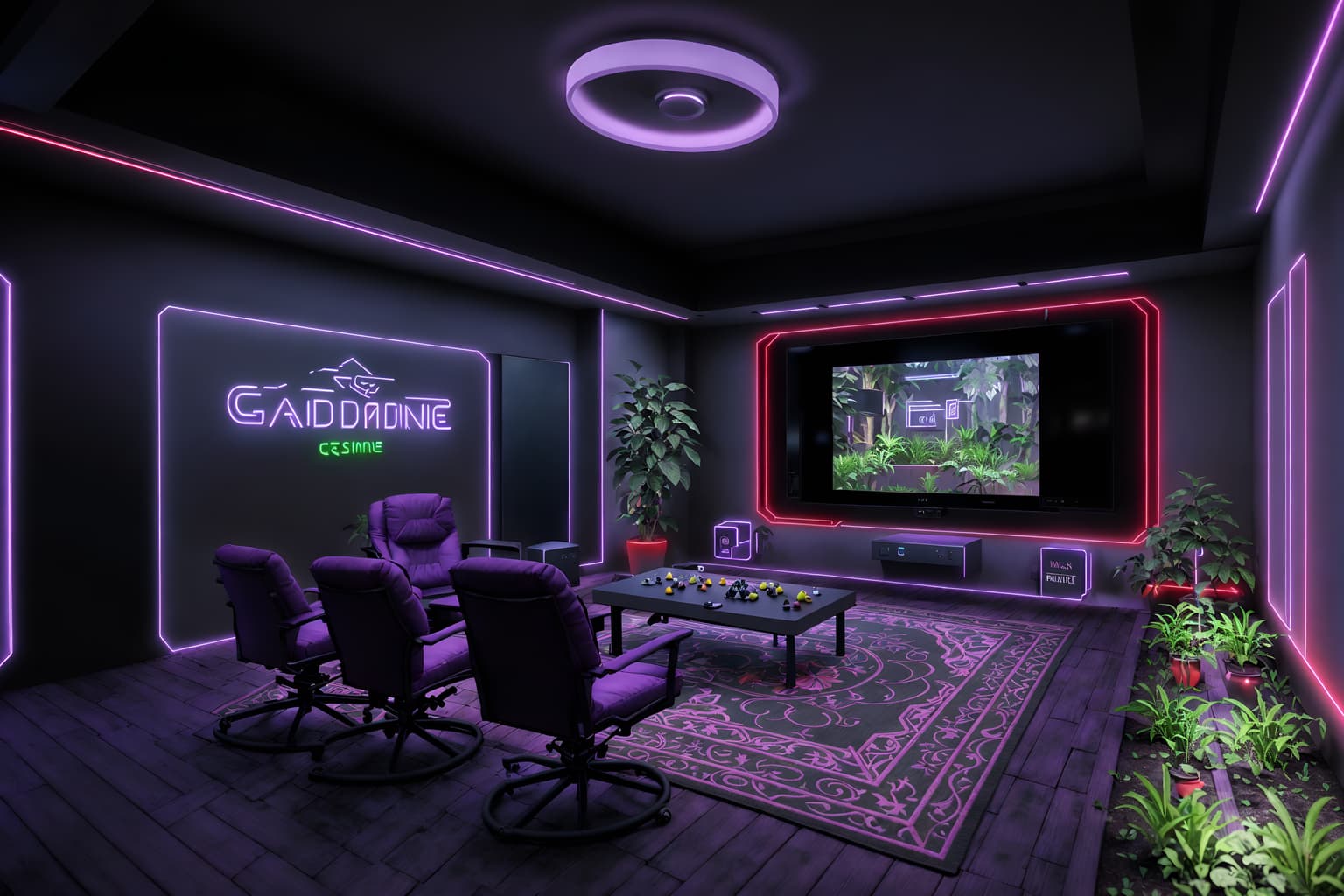gaming room-style designed (outdoor garden ) with garden plants and garden tree and grass and garden plants. . with purple and red lights and at night and dark room and neon letters on wall and dark walls and gaming chair and purple, red and blue fade light and neon lights. . cinematic photo, highly detailed, cinematic lighting, ultra-detailed, ultrarealistic, photorealism, 8k. gaming room design style. masterpiece, cinematic light, ultrarealistic+, photorealistic+, 8k, raw photo, realistic, sharp focus on eyes, (symmetrical eyes), (intact eyes), hyperrealistic, highest quality, best quality, , highly detailed, masterpiece, best quality, extremely detailed 8k wallpaper, masterpiece, best quality, ultra-detailed, best shadow, detailed background, detailed face, detailed eyes, high contrast, best illumination, detailed face, dulux, caustic, dynamic angle, detailed glow. dramatic lighting. highly detailed, insanely detailed hair, symmetrical, intricate details, professionally retouched, 8k high definition. strong bokeh. award winning photo.