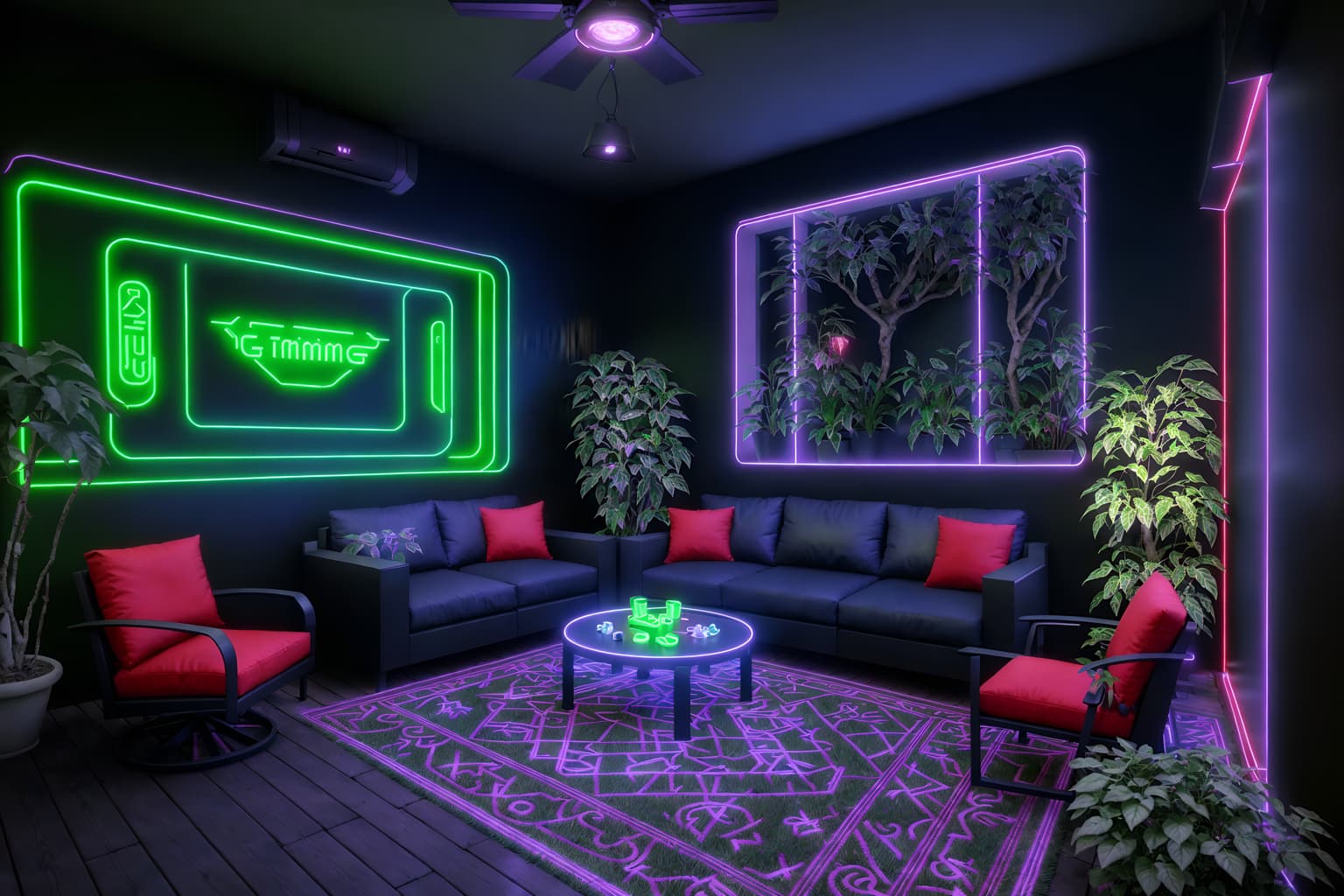 gaming room-style designed (outdoor garden ) with garden plants and garden tree and grass and garden plants. . with purple and red lights and at night and dark room and neon letters on wall and dark walls and gaming chair and purple, red and blue fade light and neon lights. . cinematic photo, highly detailed, cinematic lighting, ultra-detailed, ultrarealistic, photorealism, 8k. gaming room design style. masterpiece, cinematic light, ultrarealistic+, photorealistic+, 8k, raw photo, realistic, sharp focus on eyes, (symmetrical eyes), (intact eyes), hyperrealistic, highest quality, best quality, , highly detailed, masterpiece, best quality, extremely detailed 8k wallpaper, masterpiece, best quality, ultra-detailed, best shadow, detailed background, detailed face, detailed eyes, high contrast, best illumination, detailed face, dulux, caustic, dynamic angle, detailed glow. dramatic lighting. highly detailed, insanely detailed hair, symmetrical, intricate details, professionally retouched, 8k high definition. strong bokeh. award winning photo.