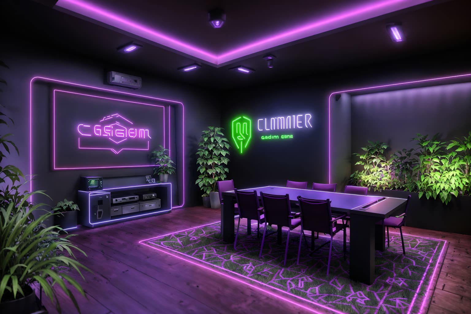 gaming room-style designed (outdoor garden ) with garden plants and garden tree and grass and garden plants. . with purple and red lights and at night and dark room and neon letters on wall and dark walls and gaming chair and purple, red and blue fade light and neon lights. . cinematic photo, highly detailed, cinematic lighting, ultra-detailed, ultrarealistic, photorealism, 8k. gaming room design style. masterpiece, cinematic light, ultrarealistic+, photorealistic+, 8k, raw photo, realistic, sharp focus on eyes, (symmetrical eyes), (intact eyes), hyperrealistic, highest quality, best quality, , highly detailed, masterpiece, best quality, extremely detailed 8k wallpaper, masterpiece, best quality, ultra-detailed, best shadow, detailed background, detailed face, detailed eyes, high contrast, best illumination, detailed face, dulux, caustic, dynamic angle, detailed glow. dramatic lighting. highly detailed, insanely detailed hair, symmetrical, intricate details, professionally retouched, 8k high definition. strong bokeh. award winning photo.