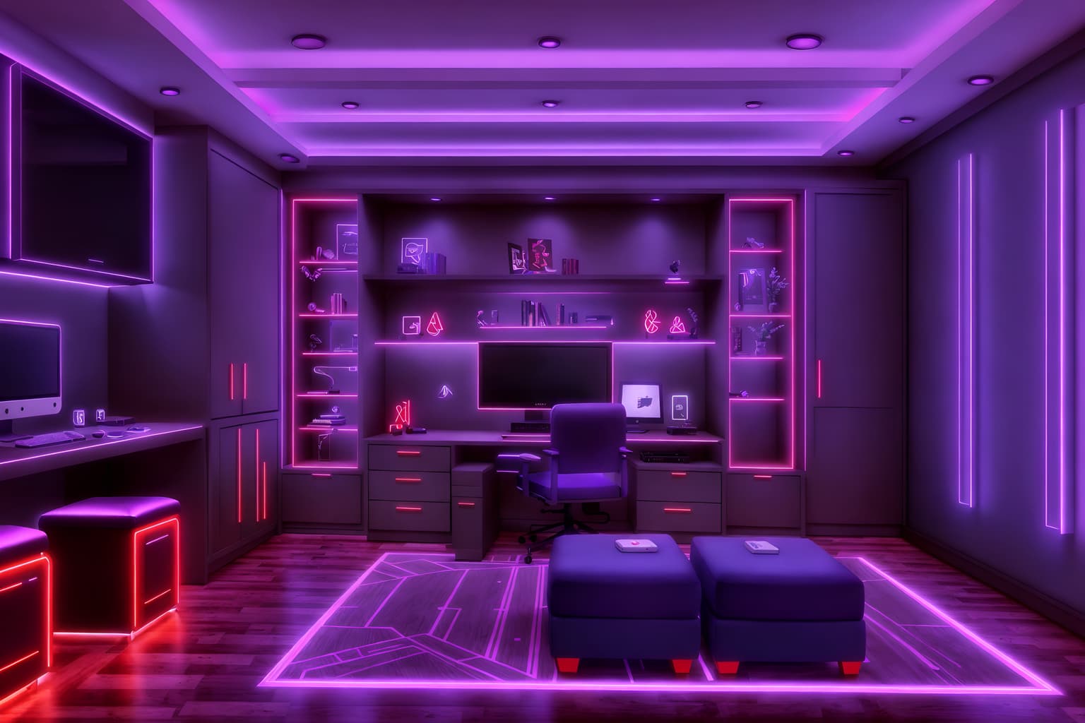 gaming room-style (hotel room interior) with hotel bathroom and bed and headboard and mirror and storage bench or ottoman and dresser closet and accent chair and plant. . with speakers and purple and red lights and multiple displays and purple, red and blue fade light and dark walls and computer desk with computer displays and keyboard and neon letters on wall and dark room. . cinematic photo, highly detailed, cinematic lighting, ultra-detailed, ultrarealistic, photorealism, 8k. gaming room interior design style. masterpiece, cinematic light, ultrarealistic+, photorealistic+, 8k, raw photo, realistic, sharp focus on eyes, (symmetrical eyes), (intact eyes), hyperrealistic, highest quality, best quality, , highly detailed, masterpiece, best quality, extremely detailed 8k wallpaper, masterpiece, best quality, ultra-detailed, best shadow, detailed background, detailed face, detailed eyes, high contrast, best illumination, detailed face, dulux, caustic, dynamic angle, detailed glow. dramatic lighting. highly detailed, insanely detailed hair, symmetrical, intricate details, professionally retouched, 8k high definition. strong bokeh. award winning photo.
