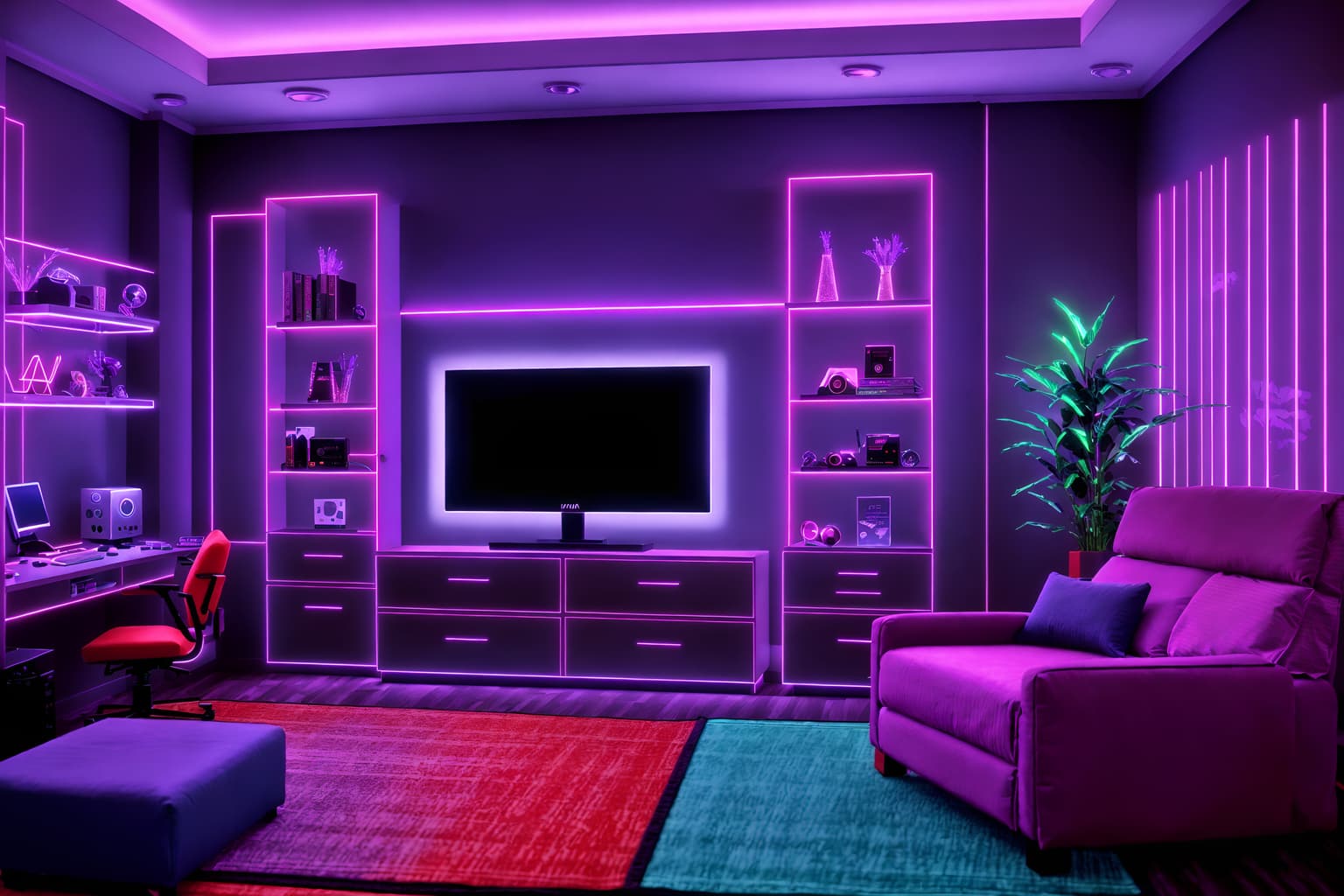 gaming room-style (hotel room interior) with hotel bathroom and bed and headboard and mirror and storage bench or ottoman and dresser closet and accent chair and plant. . with speakers and purple and red lights and multiple displays and purple, red and blue fade light and dark walls and computer desk with computer displays and keyboard and neon letters on wall and dark room. . cinematic photo, highly detailed, cinematic lighting, ultra-detailed, ultrarealistic, photorealism, 8k. gaming room interior design style. masterpiece, cinematic light, ultrarealistic+, photorealistic+, 8k, raw photo, realistic, sharp focus on eyes, (symmetrical eyes), (intact eyes), hyperrealistic, highest quality, best quality, , highly detailed, masterpiece, best quality, extremely detailed 8k wallpaper, masterpiece, best quality, ultra-detailed, best shadow, detailed background, detailed face, detailed eyes, high contrast, best illumination, detailed face, dulux, caustic, dynamic angle, detailed glow. dramatic lighting. highly detailed, insanely detailed hair, symmetrical, intricate details, professionally retouched, 8k high definition. strong bokeh. award winning photo.