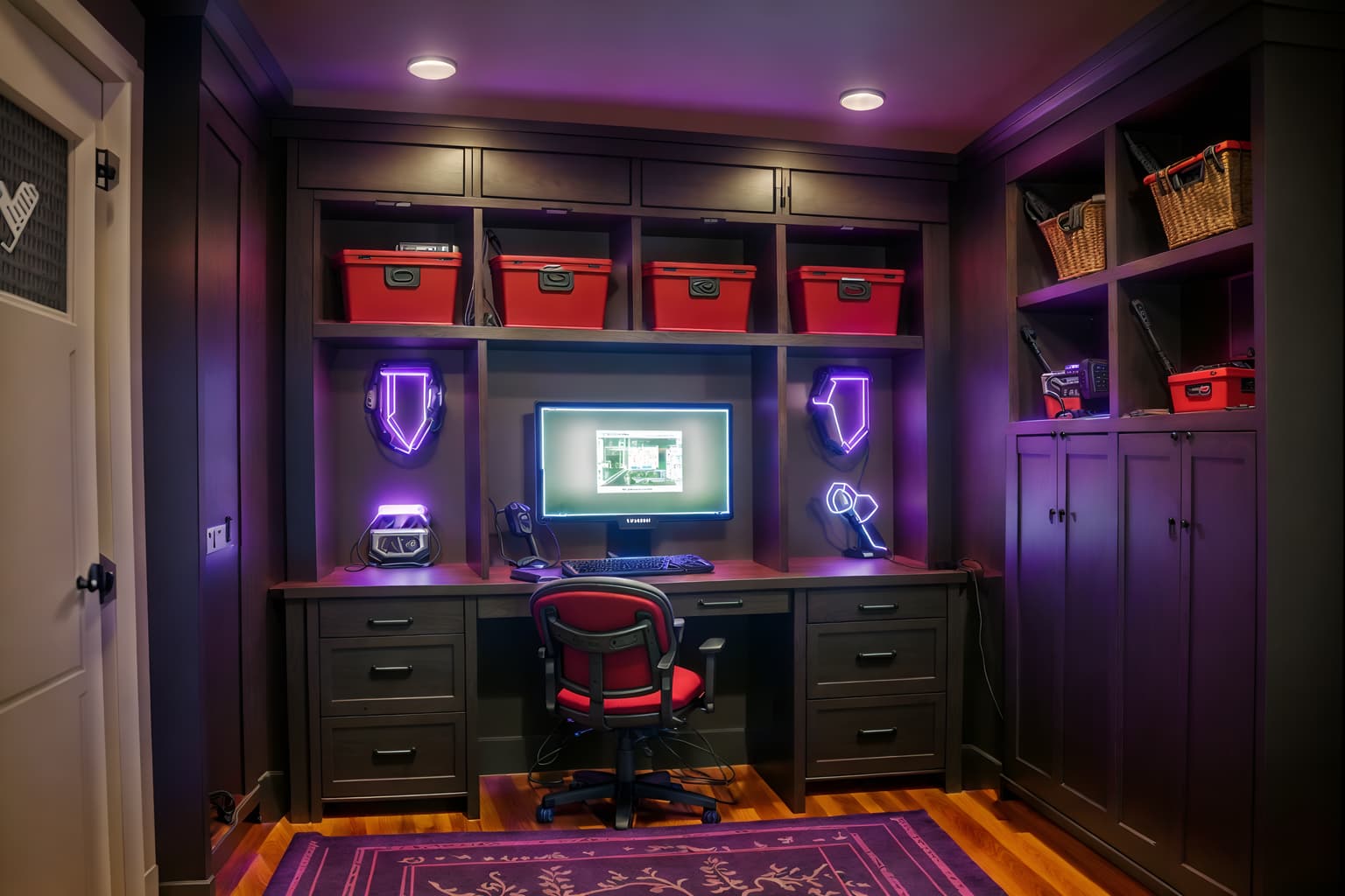 gaming room-style (mudroom interior) with a bench and storage baskets and storage drawers and shelves for shoes and cabinets and cubbies and wall hooks for coats and high up storage. . with multiple displays and gaming chair and dark room and purple and red lights and computer desk with computer displays and keyboard and neon lights and dark walls and purple, red and blue fade light. . cinematic photo, highly detailed, cinematic lighting, ultra-detailed, ultrarealistic, photorealism, 8k. gaming room interior design style. masterpiece, cinematic light, ultrarealistic+, photorealistic+, 8k, raw photo, realistic, sharp focus on eyes, (symmetrical eyes), (intact eyes), hyperrealistic, highest quality, best quality, , highly detailed, masterpiece, best quality, extremely detailed 8k wallpaper, masterpiece, best quality, ultra-detailed, best shadow, detailed background, detailed face, detailed eyes, high contrast, best illumination, detailed face, dulux, caustic, dynamic angle, detailed glow. dramatic lighting. highly detailed, insanely detailed hair, symmetrical, intricate details, professionally retouched, 8k high definition. strong bokeh. award winning photo.