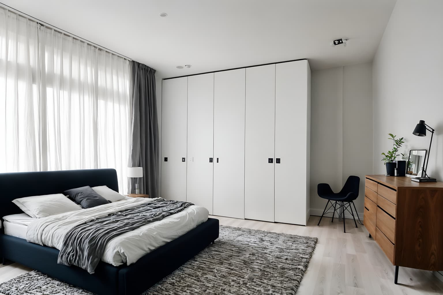 minimalist-style (bedroom interior) with headboard and accent chair and mirror and night light and plant and bed and bedside table or night stand and dresser closet. . with functional furniture and an open floor plan and a monochromatic palette with colour used as an accent and lots of light and clean lines and focus on the shape, colour and texture of just a few of essential elements and functional furniture. . cinematic photo, highly detailed, cinematic lighting, ultra-detailed, ultrarealistic, photorealism, 8k. minimalist interior design style. masterpiece, cinematic light, ultrarealistic+, photorealistic+, 8k, raw photo, realistic, sharp focus on eyes, (symmetrical eyes), (intact eyes), hyperrealistic, highest quality, best quality, , highly detailed, masterpiece, best quality, extremely detailed 8k wallpaper, masterpiece, best quality, ultra-detailed, best shadow, detailed background, detailed face, detailed eyes, high contrast, best illumination, detailed face, dulux, caustic, dynamic angle, detailed glow. dramatic lighting. highly detailed, insanely detailed hair, symmetrical, intricate details, professionally retouched, 8k high definition. strong bokeh. award winning photo.
