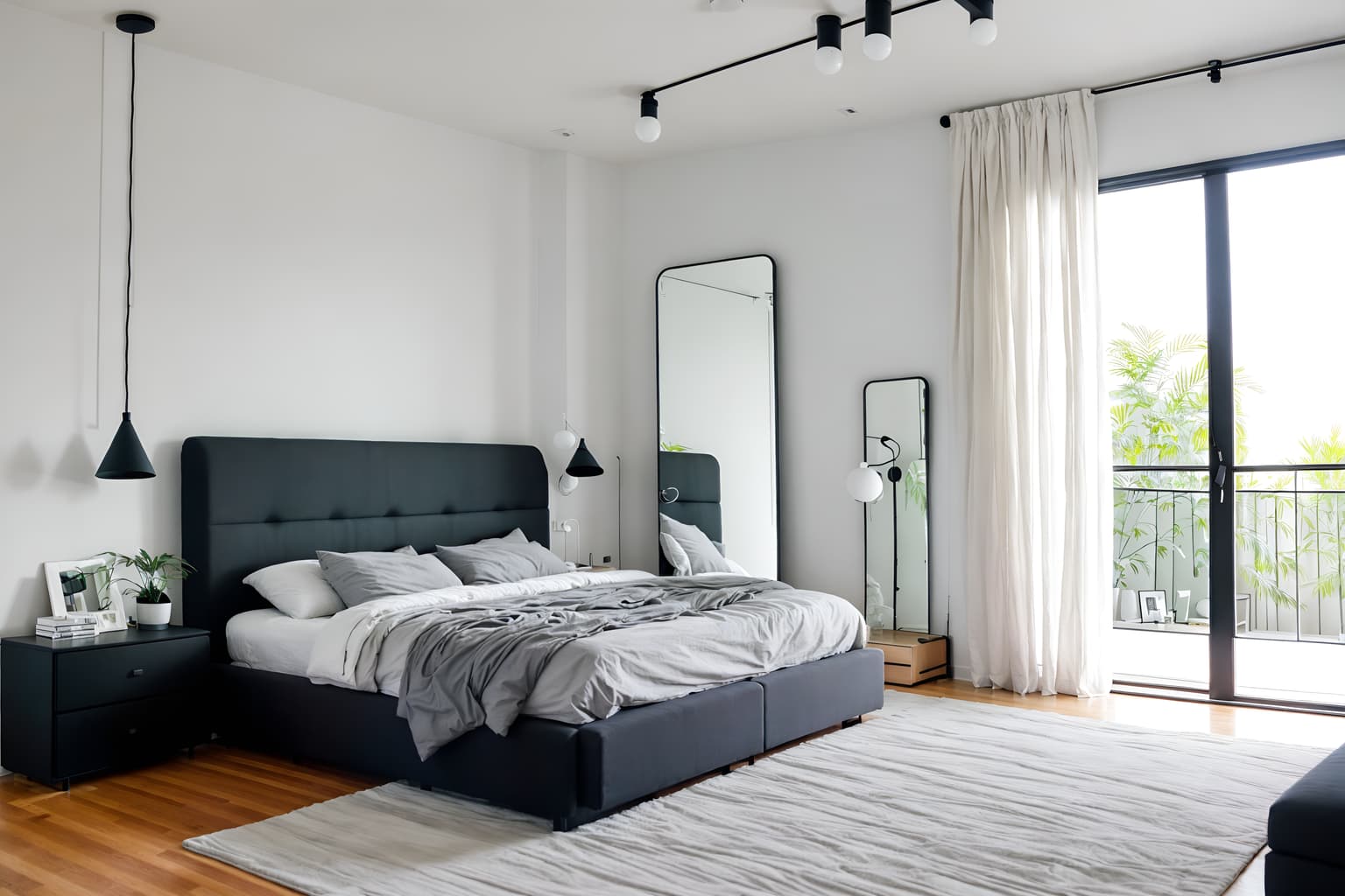 minimalist-style (bedroom interior) with headboard and accent chair and mirror and night light and plant and bed and bedside table or night stand and dresser closet. . with functional furniture and an open floor plan and a monochromatic palette with colour used as an accent and lots of light and clean lines and focus on the shape, colour and texture of just a few of essential elements and functional furniture. . cinematic photo, highly detailed, cinematic lighting, ultra-detailed, ultrarealistic, photorealism, 8k. minimalist interior design style. masterpiece, cinematic light, ultrarealistic+, photorealistic+, 8k, raw photo, realistic, sharp focus on eyes, (symmetrical eyes), (intact eyes), hyperrealistic, highest quality, best quality, , highly detailed, masterpiece, best quality, extremely detailed 8k wallpaper, masterpiece, best quality, ultra-detailed, best shadow, detailed background, detailed face, detailed eyes, high contrast, best illumination, detailed face, dulux, caustic, dynamic angle, detailed glow. dramatic lighting. highly detailed, insanely detailed hair, symmetrical, intricate details, professionally retouched, 8k high definition. strong bokeh. award winning photo.