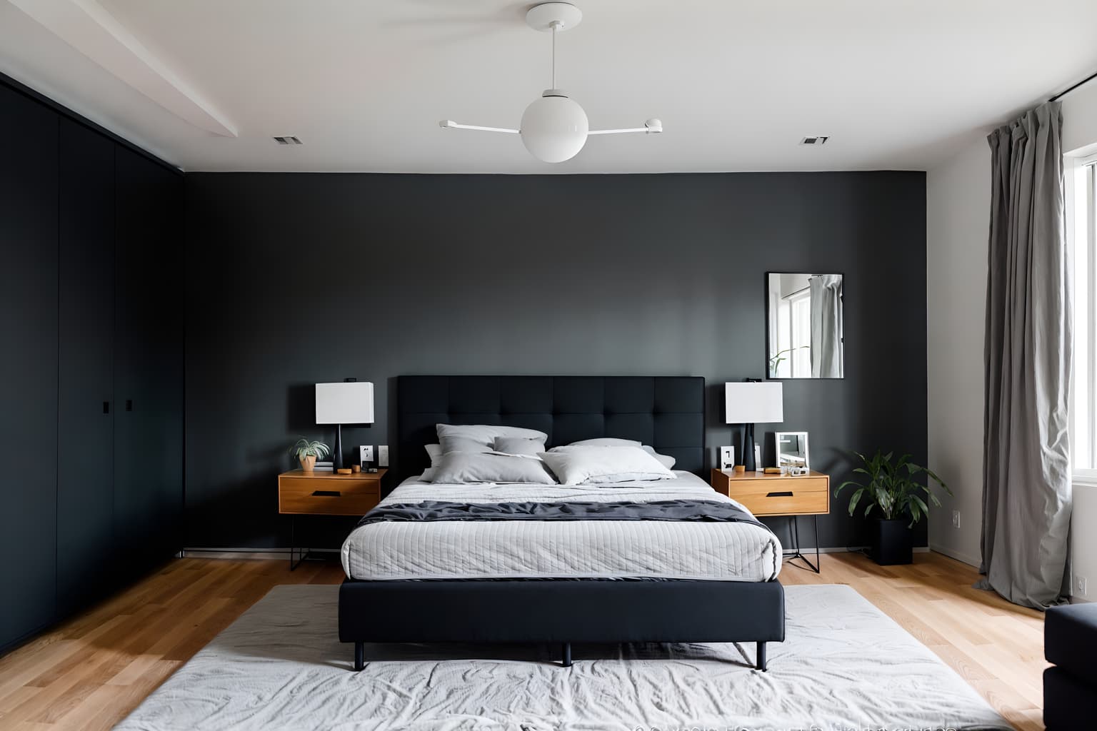 minimalist-style (bedroom interior) with headboard and accent chair and mirror and night light and plant and bed and bedside table or night stand and dresser closet. . with functional furniture and an open floor plan and a monochromatic palette with colour used as an accent and lots of light and clean lines and focus on the shape, colour and texture of just a few of essential elements and functional furniture. . cinematic photo, highly detailed, cinematic lighting, ultra-detailed, ultrarealistic, photorealism, 8k. minimalist interior design style. masterpiece, cinematic light, ultrarealistic+, photorealistic+, 8k, raw photo, realistic, sharp focus on eyes, (symmetrical eyes), (intact eyes), hyperrealistic, highest quality, best quality, , highly detailed, masterpiece, best quality, extremely detailed 8k wallpaper, masterpiece, best quality, ultra-detailed, best shadow, detailed background, detailed face, detailed eyes, high contrast, best illumination, detailed face, dulux, caustic, dynamic angle, detailed glow. dramatic lighting. highly detailed, insanely detailed hair, symmetrical, intricate details, professionally retouched, 8k high definition. strong bokeh. award winning photo.