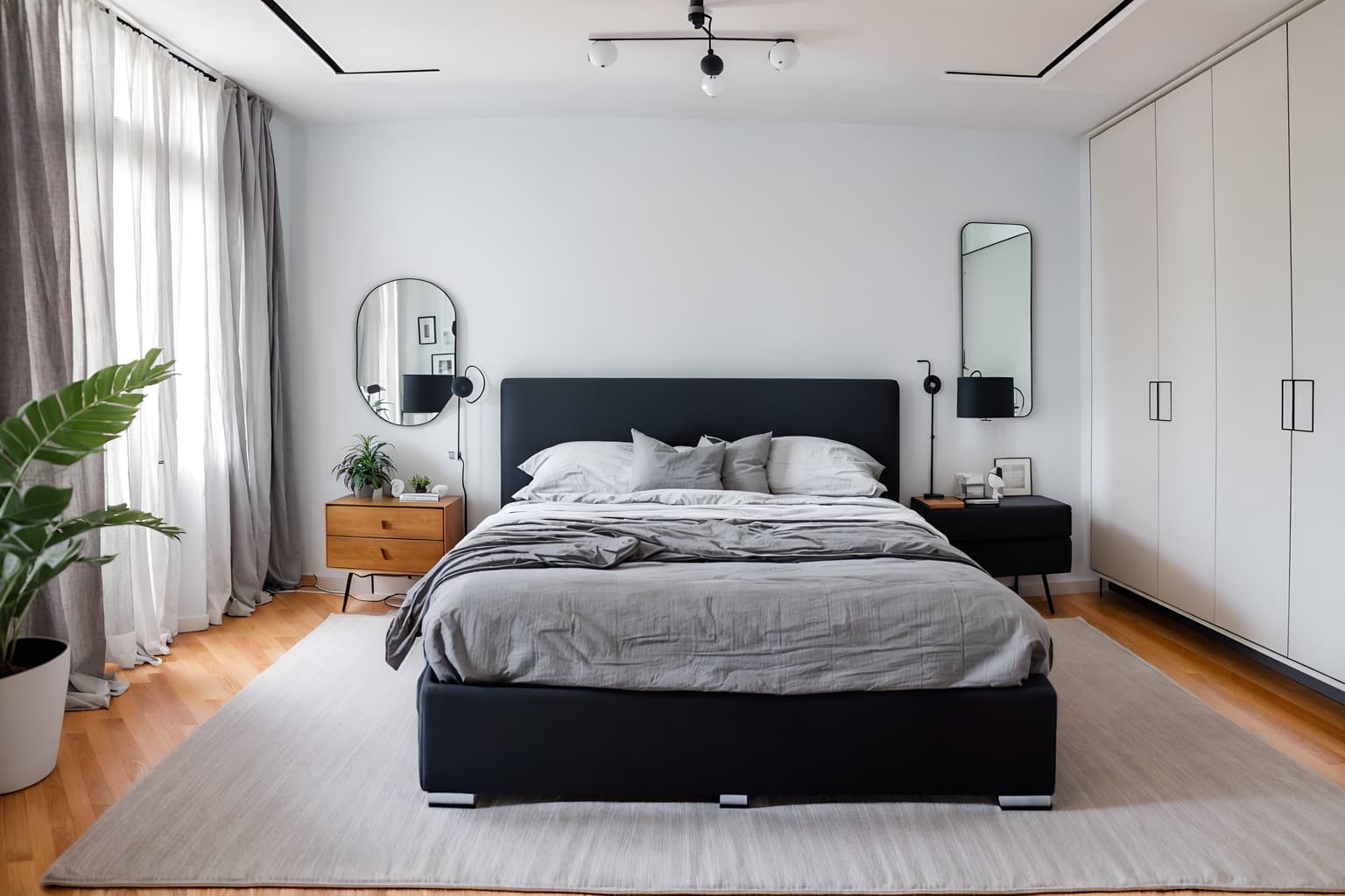 minimalist-style (bedroom interior) with headboard and accent chair and mirror and night light and plant and bed and bedside table or night stand and dresser closet. . with functional furniture and an open floor plan and a monochromatic palette with colour used as an accent and lots of light and clean lines and focus on the shape, colour and texture of just a few of essential elements and functional furniture. . cinematic photo, highly detailed, cinematic lighting, ultra-detailed, ultrarealistic, photorealism, 8k. minimalist interior design style. masterpiece, cinematic light, ultrarealistic+, photorealistic+, 8k, raw photo, realistic, sharp focus on eyes, (symmetrical eyes), (intact eyes), hyperrealistic, highest quality, best quality, , highly detailed, masterpiece, best quality, extremely detailed 8k wallpaper, masterpiece, best quality, ultra-detailed, best shadow, detailed background, detailed face, detailed eyes, high contrast, best illumination, detailed face, dulux, caustic, dynamic angle, detailed glow. dramatic lighting. highly detailed, insanely detailed hair, symmetrical, intricate details, professionally retouched, 8k high definition. strong bokeh. award winning photo.