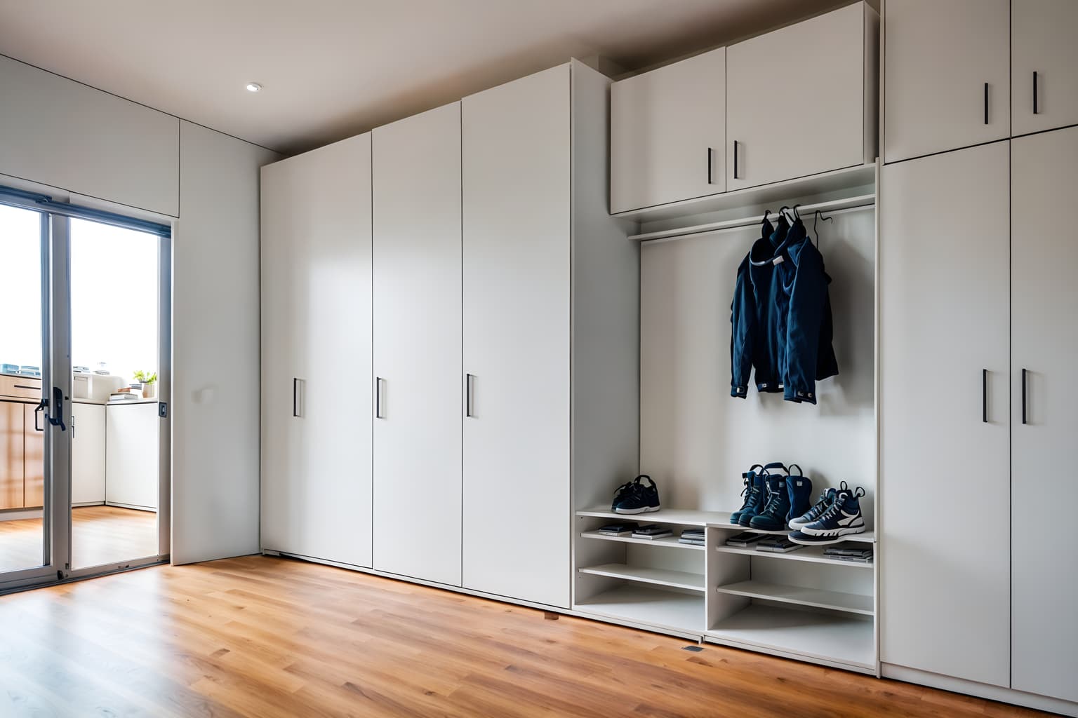 minimalist-style (drop zone interior) with cabinets and storage drawers and storage baskets and high up storage and lockers and cubbies and wall hooks for coats and shelves for shoes. . with functional furniture and a monochromatic palette with colour used as an accent and lots of light and clean lines and focus on the shape, colour and texture of just a few of essential elements and an open floor plan and functional furniture. . cinematic photo, highly detailed, cinematic lighting, ultra-detailed, ultrarealistic, photorealism, 8k. minimalist interior design style. masterpiece, cinematic light, ultrarealistic+, photorealistic+, 8k, raw photo, realistic, sharp focus on eyes, (symmetrical eyes), (intact eyes), hyperrealistic, highest quality, best quality, , highly detailed, masterpiece, best quality, extremely detailed 8k wallpaper, masterpiece, best quality, ultra-detailed, best shadow, detailed background, detailed face, detailed eyes, high contrast, best illumination, detailed face, dulux, caustic, dynamic angle, detailed glow. dramatic lighting. highly detailed, insanely detailed hair, symmetrical, intricate details, professionally retouched, 8k high definition. strong bokeh. award winning photo.
