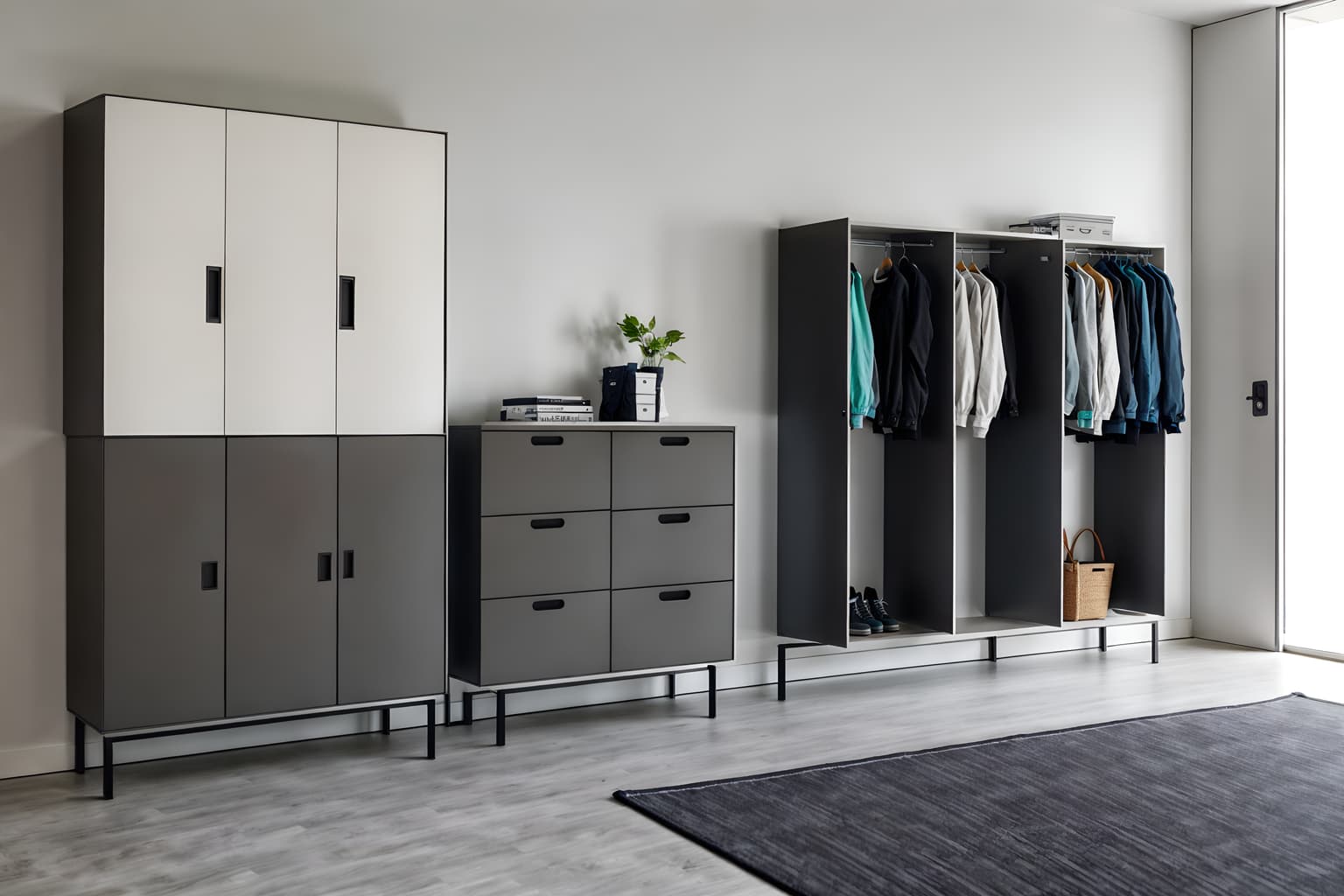 minimalist-style (drop zone interior) with cabinets and storage drawers and storage baskets and high up storage and lockers and cubbies and wall hooks for coats and shelves for shoes. . with functional furniture and a monochromatic palette with colour used as an accent and lots of light and clean lines and focus on the shape, colour and texture of just a few of essential elements and an open floor plan and functional furniture. . cinematic photo, highly detailed, cinematic lighting, ultra-detailed, ultrarealistic, photorealism, 8k. minimalist interior design style. masterpiece, cinematic light, ultrarealistic+, photorealistic+, 8k, raw photo, realistic, sharp focus on eyes, (symmetrical eyes), (intact eyes), hyperrealistic, highest quality, best quality, , highly detailed, masterpiece, best quality, extremely detailed 8k wallpaper, masterpiece, best quality, ultra-detailed, best shadow, detailed background, detailed face, detailed eyes, high contrast, best illumination, detailed face, dulux, caustic, dynamic angle, detailed glow. dramatic lighting. highly detailed, insanely detailed hair, symmetrical, intricate details, professionally retouched, 8k high definition. strong bokeh. award winning photo.