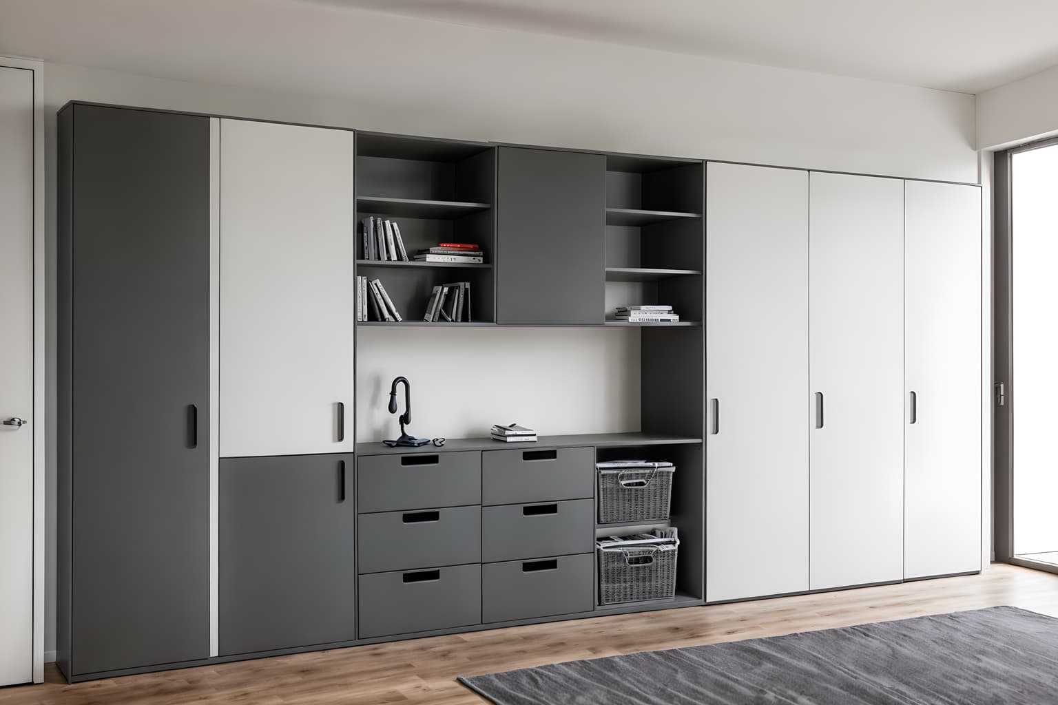 minimalist-style (drop zone interior) with cabinets and storage drawers and storage baskets and high up storage and lockers and cubbies and wall hooks for coats and shelves for shoes. . with functional furniture and a monochromatic palette with colour used as an accent and lots of light and clean lines and focus on the shape, colour and texture of just a few of essential elements and an open floor plan and functional furniture. . cinematic photo, highly detailed, cinematic lighting, ultra-detailed, ultrarealistic, photorealism, 8k. minimalist interior design style. masterpiece, cinematic light, ultrarealistic+, photorealistic+, 8k, raw photo, realistic, sharp focus on eyes, (symmetrical eyes), (intact eyes), hyperrealistic, highest quality, best quality, , highly detailed, masterpiece, best quality, extremely detailed 8k wallpaper, masterpiece, best quality, ultra-detailed, best shadow, detailed background, detailed face, detailed eyes, high contrast, best illumination, detailed face, dulux, caustic, dynamic angle, detailed glow. dramatic lighting. highly detailed, insanely detailed hair, symmetrical, intricate details, professionally retouched, 8k high definition. strong bokeh. award winning photo.