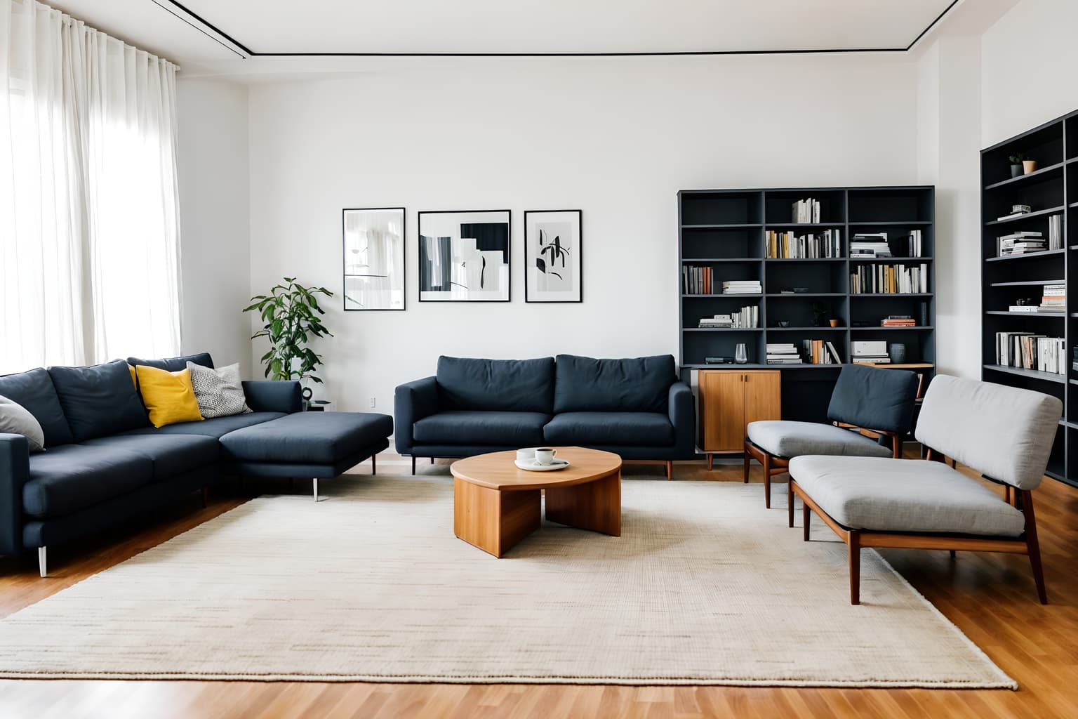 minimalist-style (living room interior) with chairs and furniture and occasional tables and sofa and televisions and plant and rug and bookshelves. . with lots of light and focus on the shape, colour and texture of just a few of essential elements and an open floor plan and clean lines and functional furniture and a monochromatic palette with colour used as an accent and lots of light. . cinematic photo, highly detailed, cinematic lighting, ultra-detailed, ultrarealistic, photorealism, 8k. minimalist interior design style. masterpiece, cinematic light, ultrarealistic+, photorealistic+, 8k, raw photo, realistic, sharp focus on eyes, (symmetrical eyes), (intact eyes), hyperrealistic, highest quality, best quality, , highly detailed, masterpiece, best quality, extremely detailed 8k wallpaper, masterpiece, best quality, ultra-detailed, best shadow, detailed background, detailed face, detailed eyes, high contrast, best illumination, detailed face, dulux, caustic, dynamic angle, detailed glow. dramatic lighting. highly detailed, insanely detailed hair, symmetrical, intricate details, professionally retouched, 8k high definition. strong bokeh. award winning photo.