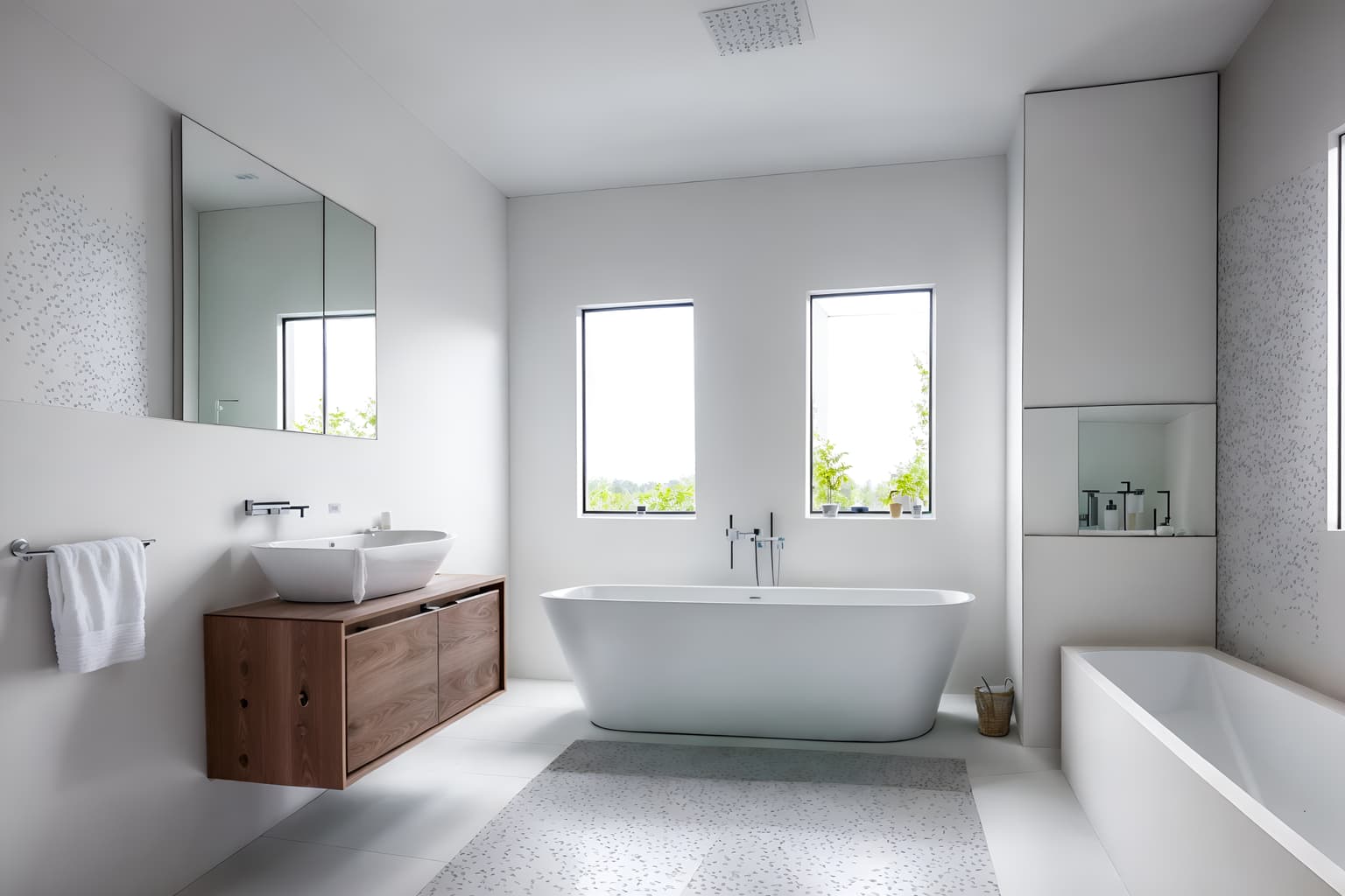 minimalist-style (bathroom interior) with waste basket and bathroom sink with faucet and bath rail and mirror and shower and toilet seat and bathtub and bathroom cabinet. . with an open floor plan and functional furniture and focus on the shape, colour and texture of just a few of essential elements and a monochromatic palette with colour used as an accent and lots of light and clean lines and an open floor plan. . cinematic photo, highly detailed, cinematic lighting, ultra-detailed, ultrarealistic, photorealism, 8k. minimalist interior design style. masterpiece, cinematic light, ultrarealistic+, photorealistic+, 8k, raw photo, realistic, sharp focus on eyes, (symmetrical eyes), (intact eyes), hyperrealistic, highest quality, best quality, , highly detailed, masterpiece, best quality, extremely detailed 8k wallpaper, masterpiece, best quality, ultra-detailed, best shadow, detailed background, detailed face, detailed eyes, high contrast, best illumination, detailed face, dulux, caustic, dynamic angle, detailed glow. dramatic lighting. highly detailed, insanely detailed hair, symmetrical, intricate details, professionally retouched, 8k high definition. strong bokeh. award winning photo.